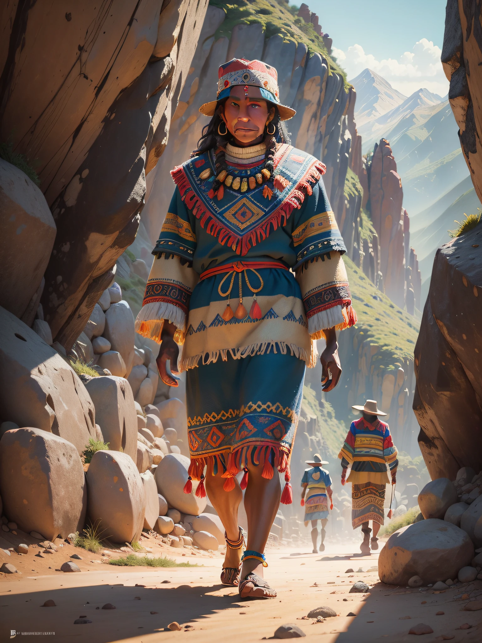 "(((masterpiece))), realism, ultra-detailed, Group of Inca aborigines walking towards the mountain at sunset,full bodies, colorful clothing:1.2, intricate details,16k".