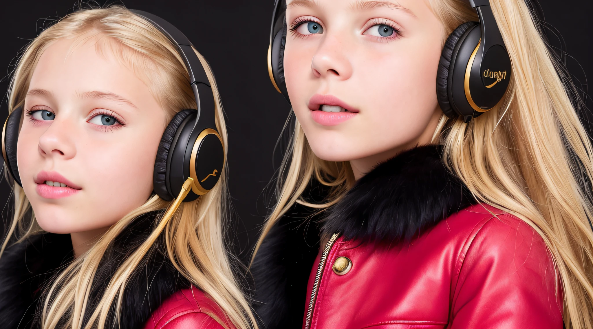 GIRL CHILD , RUSSIAN STYLE BLONDE HEADPHONES, BLACK FUR COAT, MESSY SHOULDER LENGTH BLONDE HAIR, RED BACKGROUND, BROWN EYES, HAPPY, CLEAN DETAILED FACES, INTRACATE CLOTHES, ANALOGOUS COLORS, BRIGHT SHADOWS, BEAUTIFUL GRADIENT, DEPTH OF FIELD, CLEAN IMAGE, HIGH QUALITY, HIGH DETAIL, HIGH DEFINITION, LUMINOUS STUDIO GRAPHICS ENGINE, BEAUTIFUL FACE