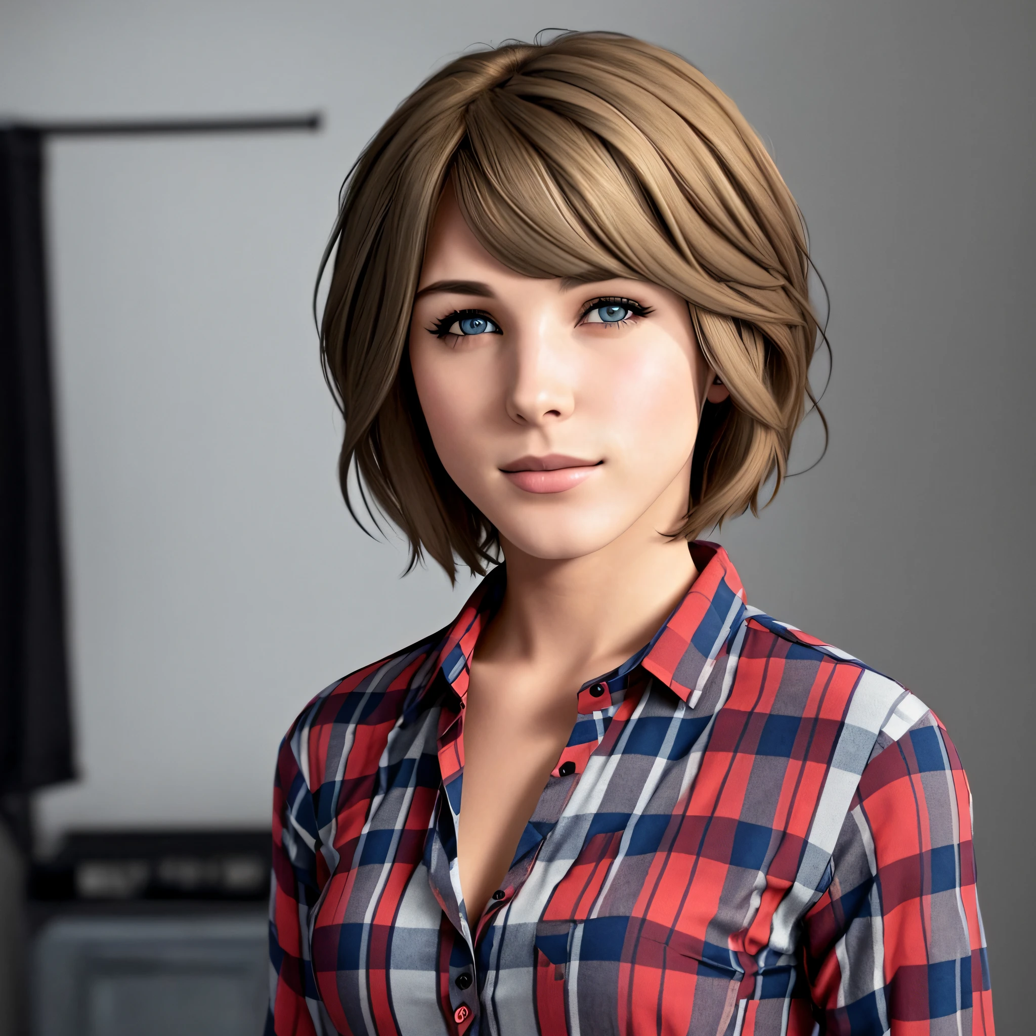 photo of maxcaulfield, (detailed short brown hair:1.2), (highly detailed skin:1.2), (detailed blue eyes:1.3), look:1.1), upper body, plaid shirt, striped shirt, red shirt, bangs, open clothes, looking at viewer,