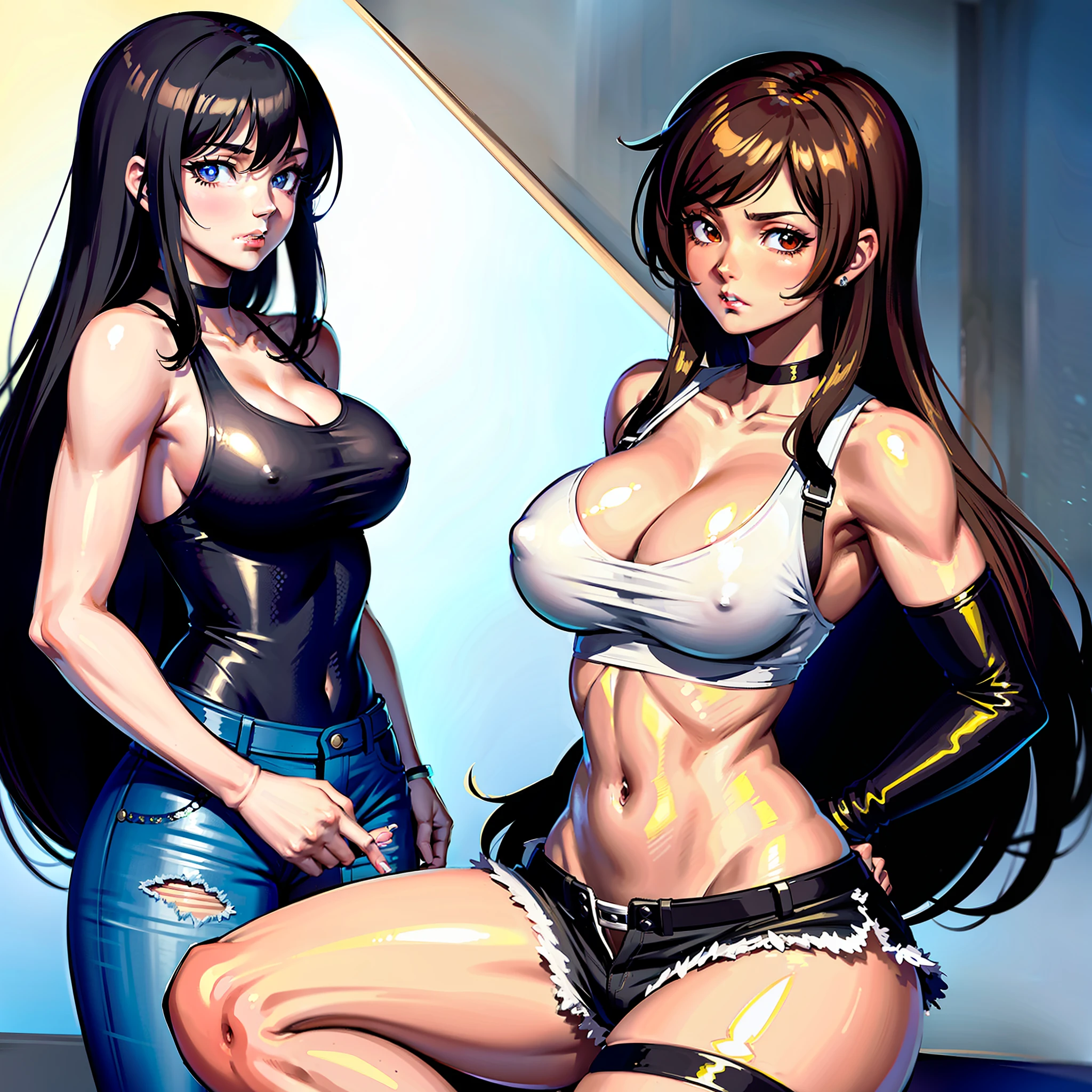 a 42-year-old adult woman, large and beautiful breasts, girl with Tifa Lockhart look, wearing tight and torn jeans, long and voluminous black hair, light brown eyes, serious and thoughtful expression, wearing a black mayh-style bodice on the bust, a black choker on the neck, retro 80s anime, 80's anime, Classic anime, vibrant colors and solid shadows