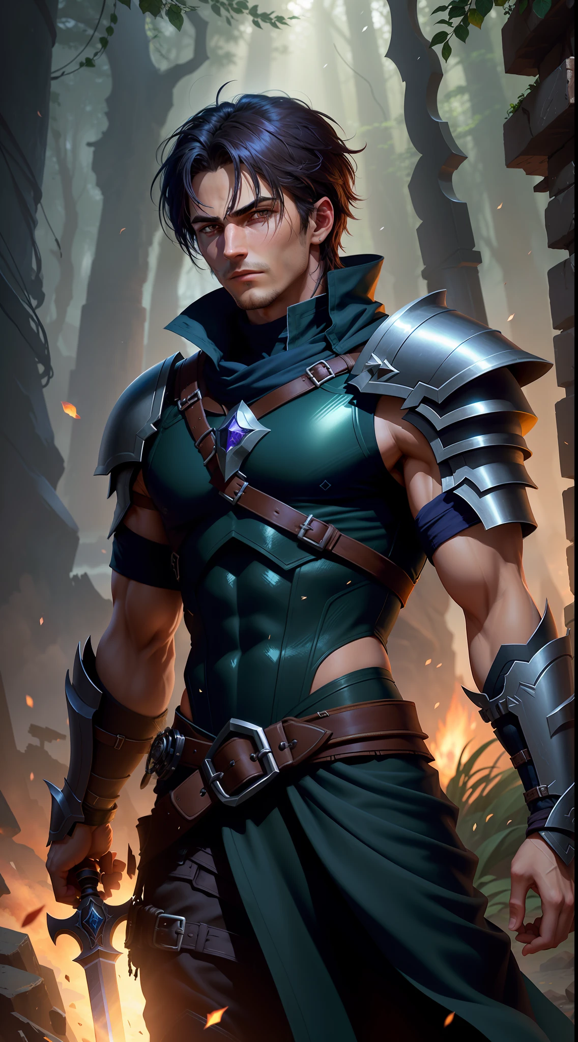The cover illustration features Dark Blade, the main protagonist, in all his dark and enigmatic aura. Dark Blade is portrayed as a formidable warrior, wrapped in black armor that emanates a sense of mystery and power.
Dark Blade's posture is imposing and confident, with his gleaming blade in hand. His gaze is intense and penetrating, conveying determination and courage in the face of the challenges he will face throughout the odyssey.
The lighting of the scene is soft, highlighting Dark Blade amid the shadows. Beams of light filtered through the environment create a twilight atmosphere around you, adding a mysterious touch to the image.
The backdrop in the background of the illustration can be composed of elements that reflect the journey of Dark Blade, such as a dark landscape, ancient ruins, or a dense forest. These elements create an intriguing environment and evoke the sense of adventure and mystery present in the story.
The color palette used can be dominated by dark tones such as black, gray, and shades of blue or purple. These colors contribute to the dark and enigmatic atmosphere of the image.
While I can't create the illustration visually, I hope this description helps visualize the cover image of "Twilight of the Shadows: The Dark Blade Odyssey." You can share this description with an illustrator to create the cover art you want.