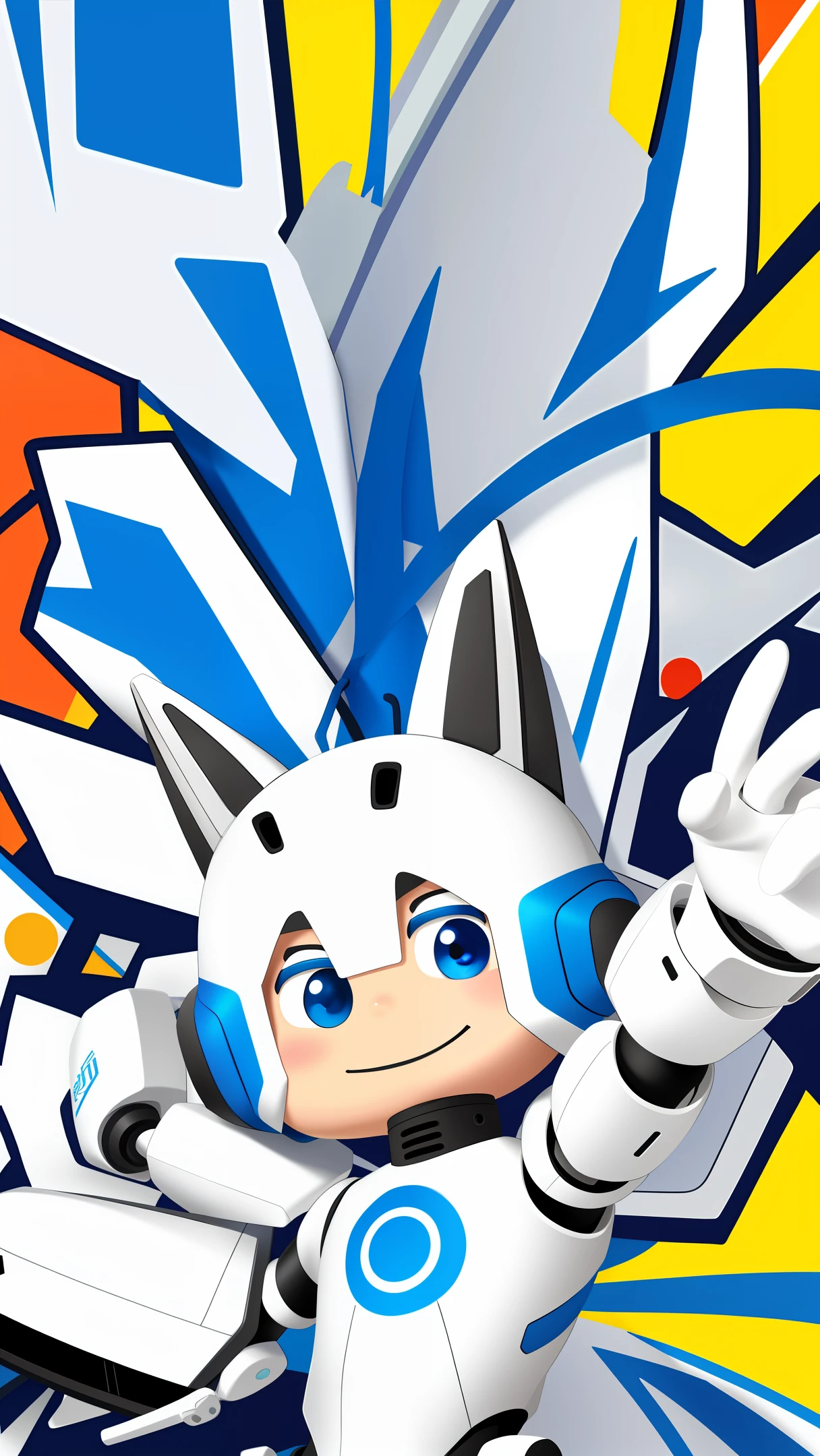 masterpiece, best quality, a futuristic white chibi robot BREAK with blue eyes working at a factory, BREAK vector art, pop art, 2D, deformation