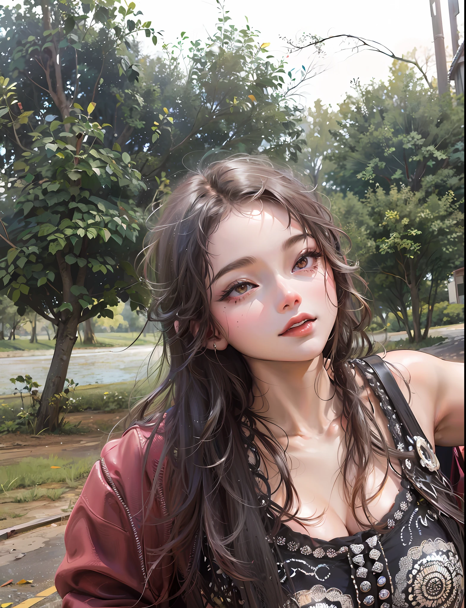 Woman, with a park in the background, high quality photo, with a tree in the background, about 19 years old, in front of a forest background, photo of young woman, very high quality image, park in the background, in a park, young woman with long dark hair, slightly smiling