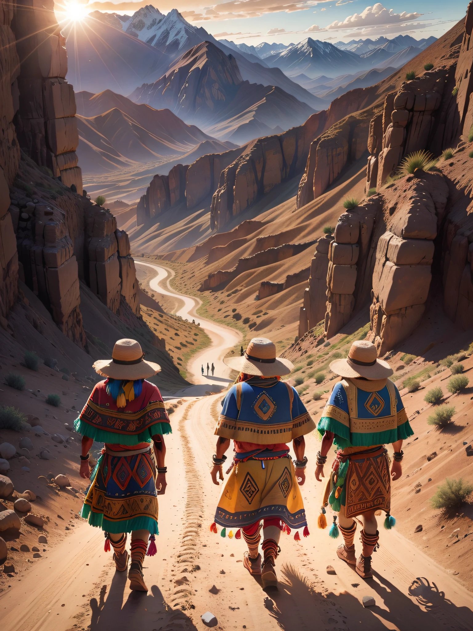 Group of Inca aborigines in the desert walking towards the mountain at sunset the sun is setting, realistic, high intricate details, colorful clothing, full bodies, 16k