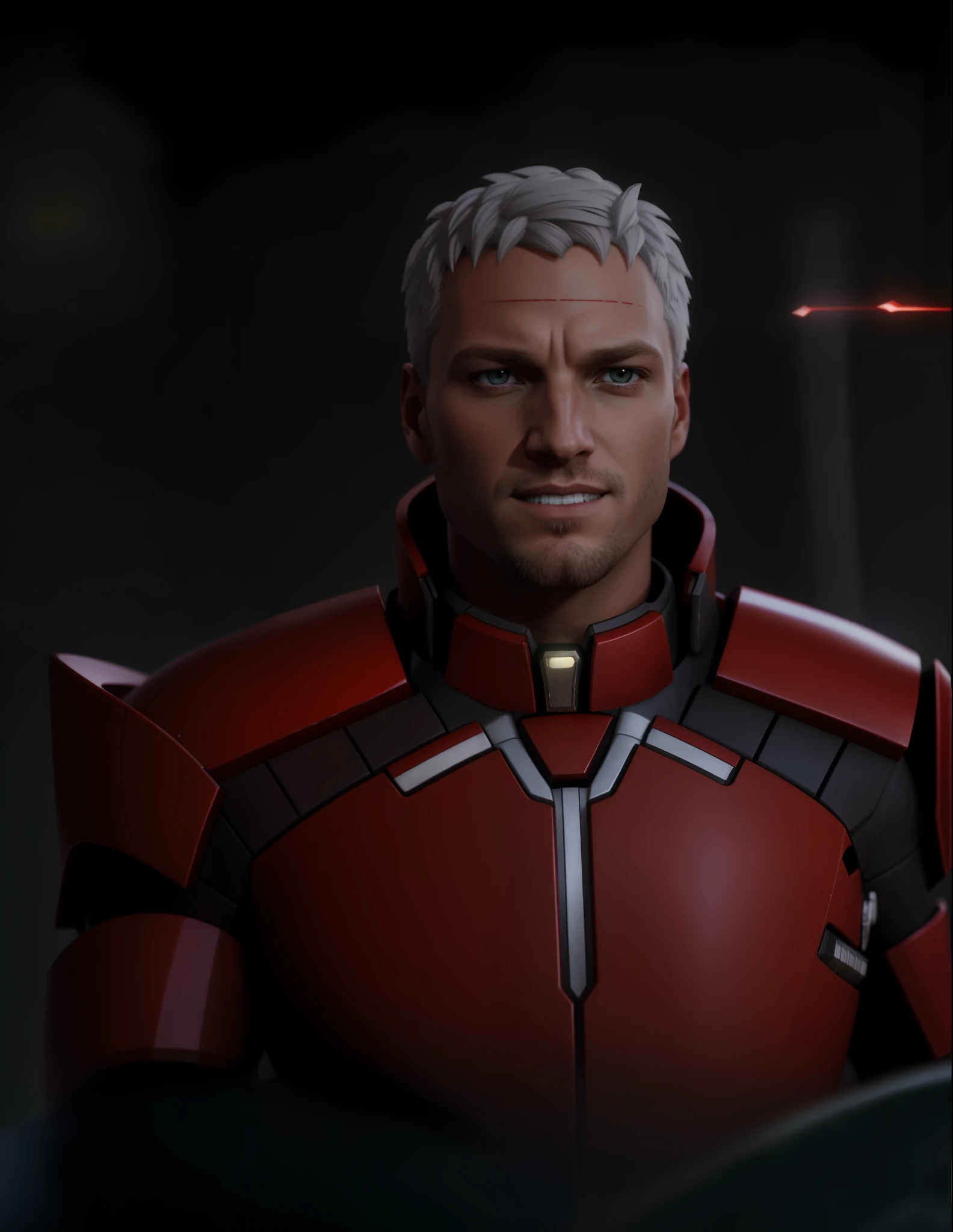 A closeup of a person in a red armor with a sword, wearing mass effect armor, white man with red hair and yellow eyes, white skin and strong male face.