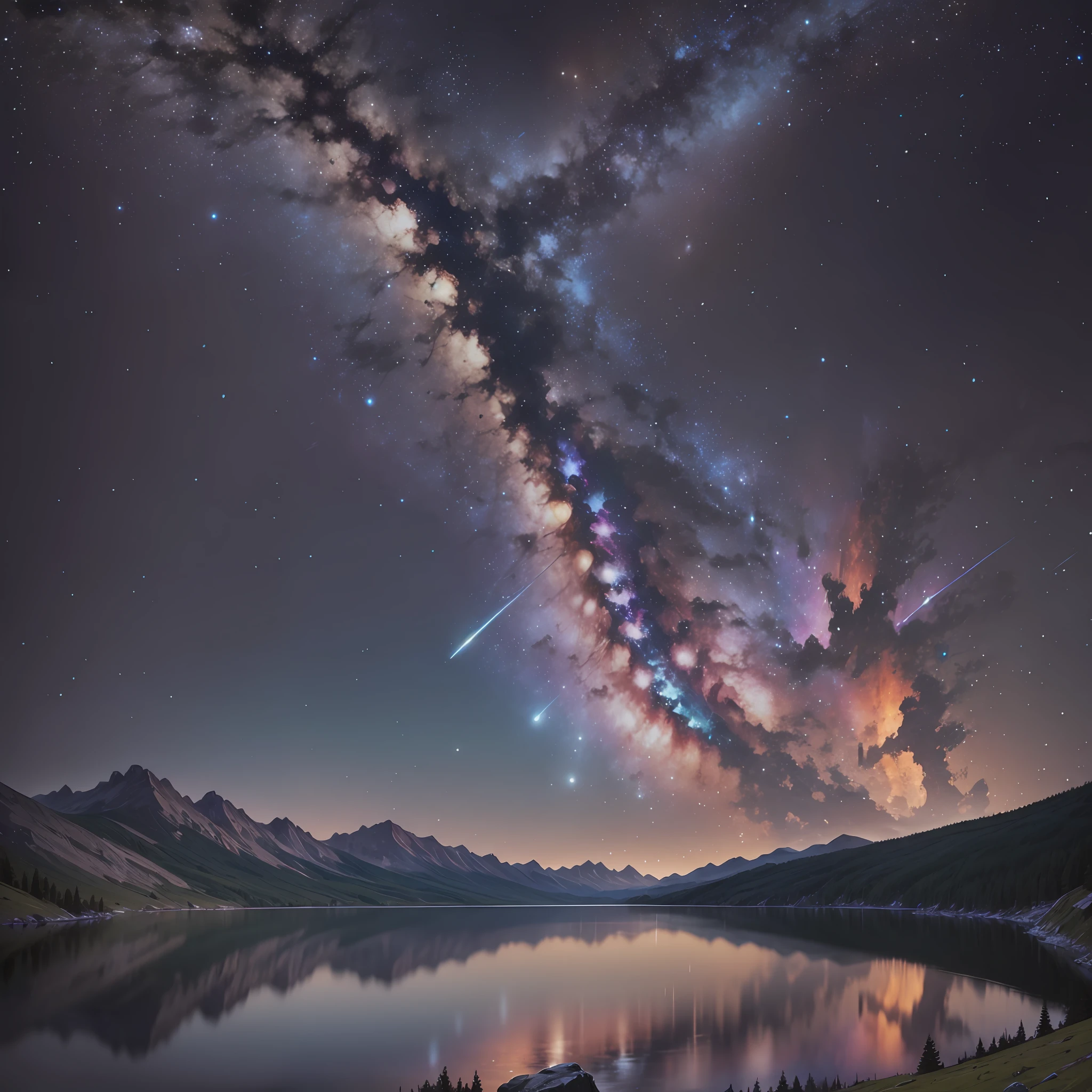 a black florest layed down a mountain with an landscape view , a lake reflexing the milky way from the night sky --auto --s2