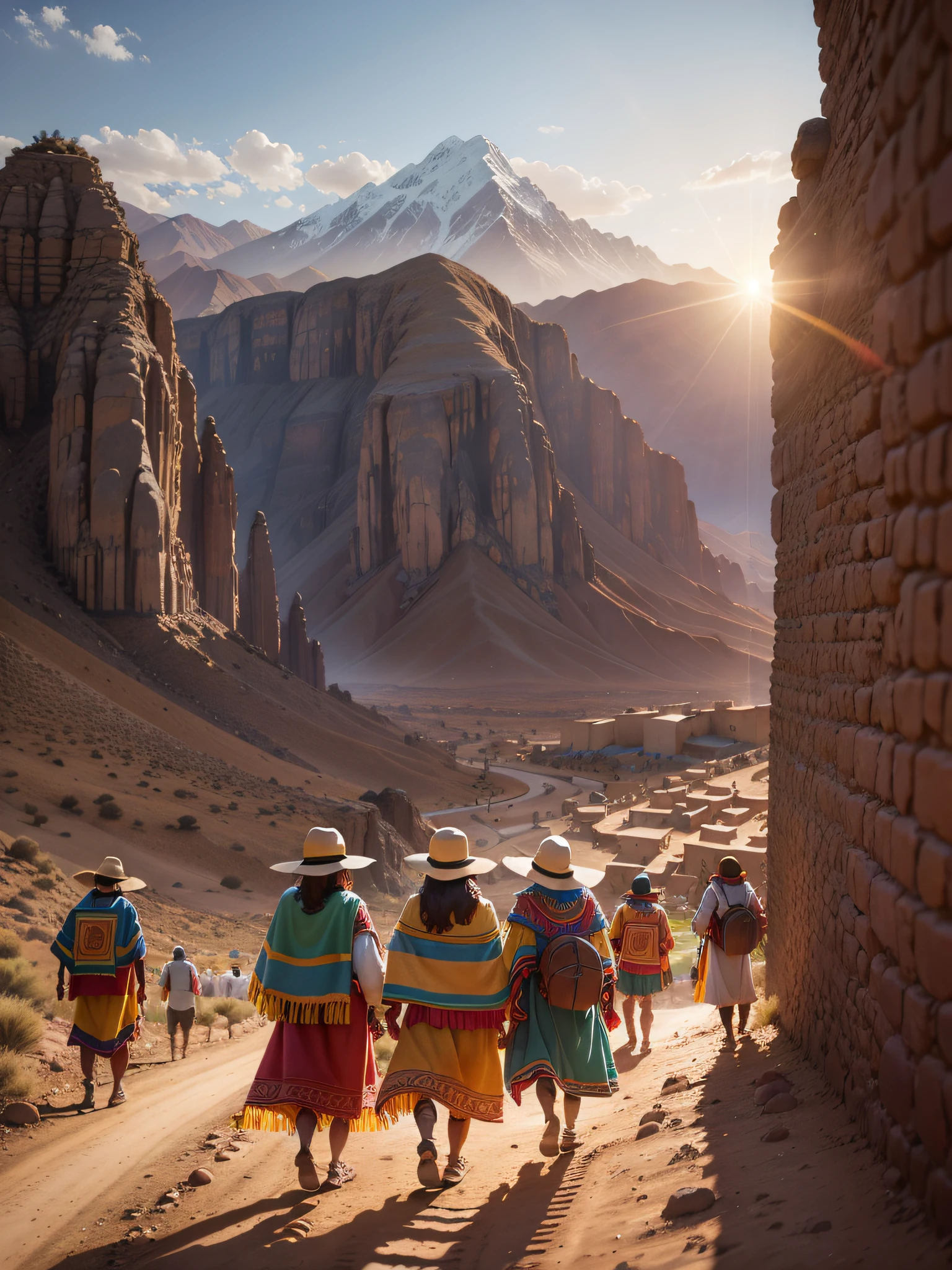Group of Inca aborigines in the desert walking towards the mountain at sunset the sun is setting, realistic, high intricate details, colorful clothing, full bodies, 16k