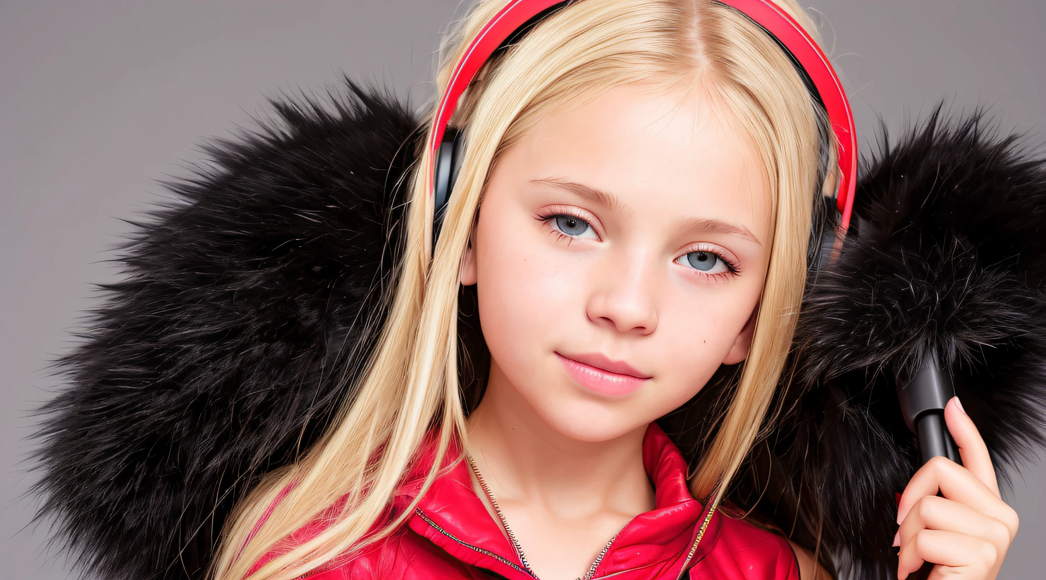 GIRL CHILD , RUSSIAN STYLE BLONDE HEADPHONES, BLACK FUR COAT, MESSY SHOULDER LENGTH BLONDE HAIR, RED BACKGROUND, BROWN EYES, HAPPY, CLEAN DETAILED FACES, INTRACATE CLOTHES, ANALOGOUS COLORS, BRIGHT SHADOWS, BEAUTIFUL GRADIENT, DEPTH OF FIELD, CLEAN IMAGE, HIGH QUALITY, HIGH DETAIL, HIGH DEFINITION, LUMINOUS STUDIO GRAPHICS ENGINE, BEAUTIFUL FACE