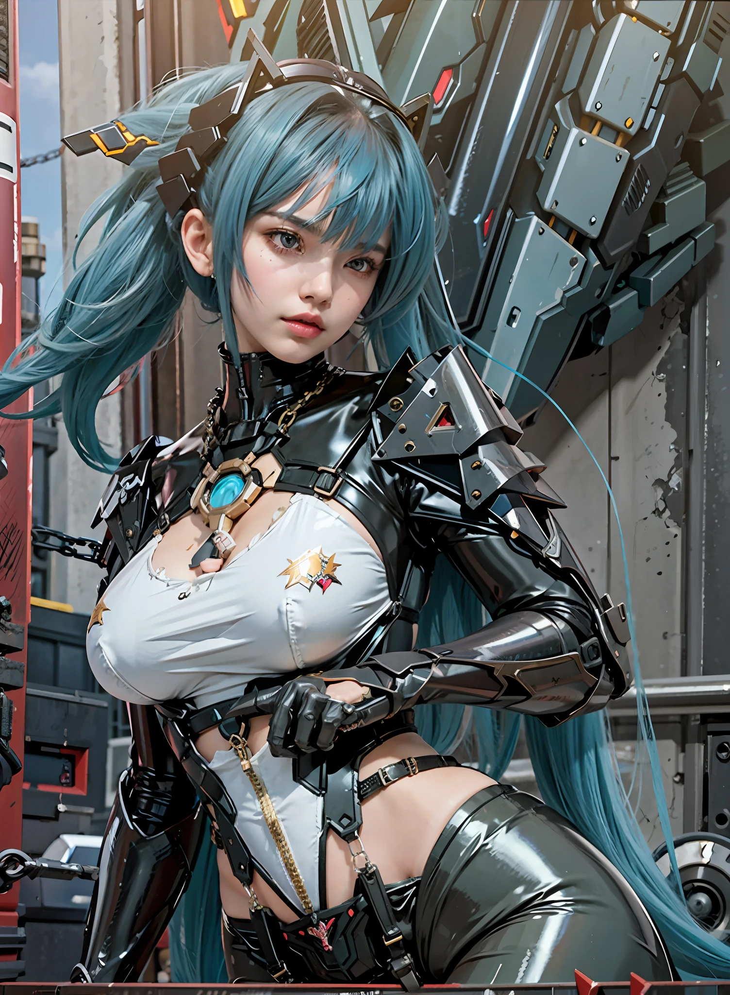 Pokemon inspired, sexy female mech prostitute, Waifu, sexy, large breasts, Dark_Fantasy, in front of a futuristic strip club, viral NFT trending on Pixiv,Cyberpunk,(chain saw,chain saw man,Red:1.1),Mechanical marvel,Robotic presence,Cybernetic guardian, wearing a detailed mech suit, Warframe, intricate, (steel metal [rusty]), elegant, clear focus, shot by greg rutkowski, soft lighting, vibrant colors, masterpiece, ((street)), cowboy shot, dynamic pose, breasts exposed, chest exposed, latex body suit torn, action scene, Lolita waifu, one girl