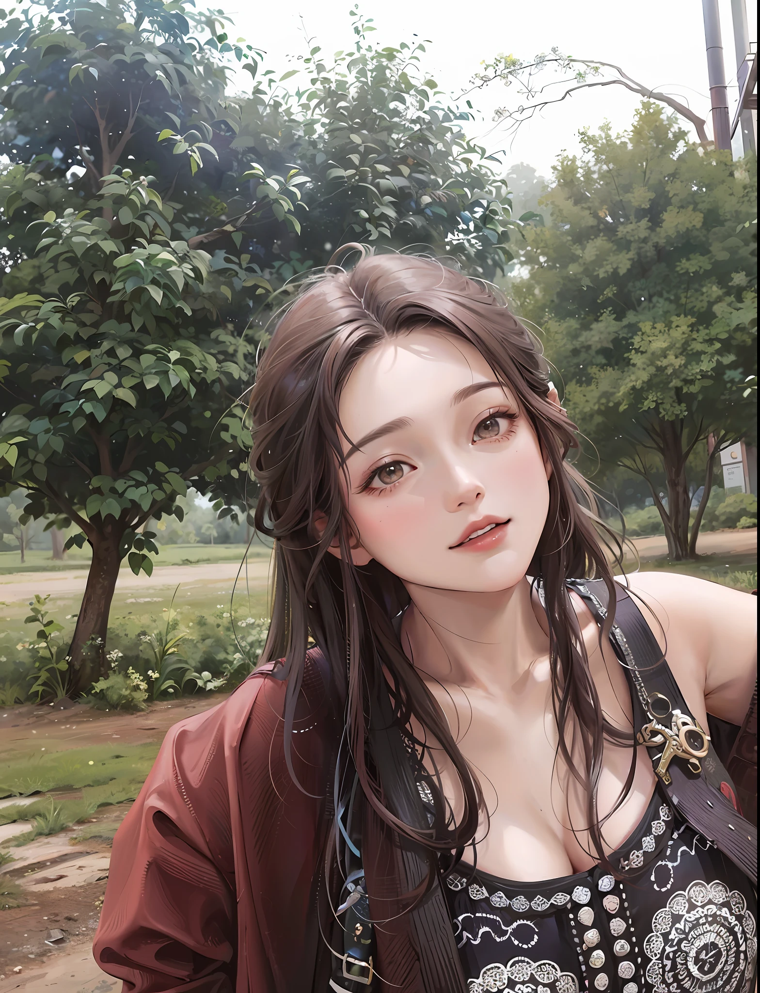 Woman, with a park in the background, high quality photo, with a tree in the background, about 19 years old, in front of a forest background, photo of young woman, very high quality image, park in the background, in a park, young woman with long dark hair, slightly smiling
