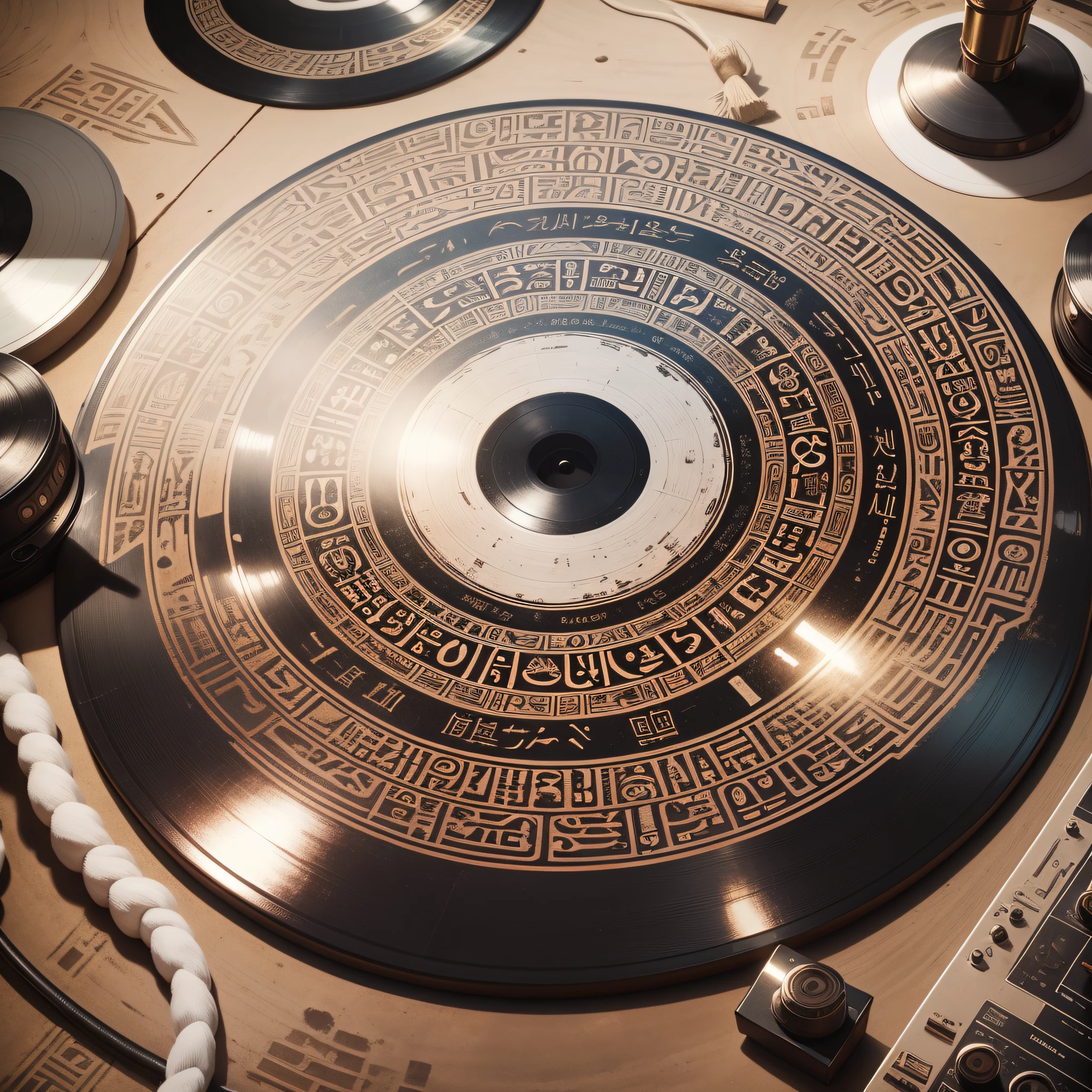 white vinyl record covered in hieroglyphs