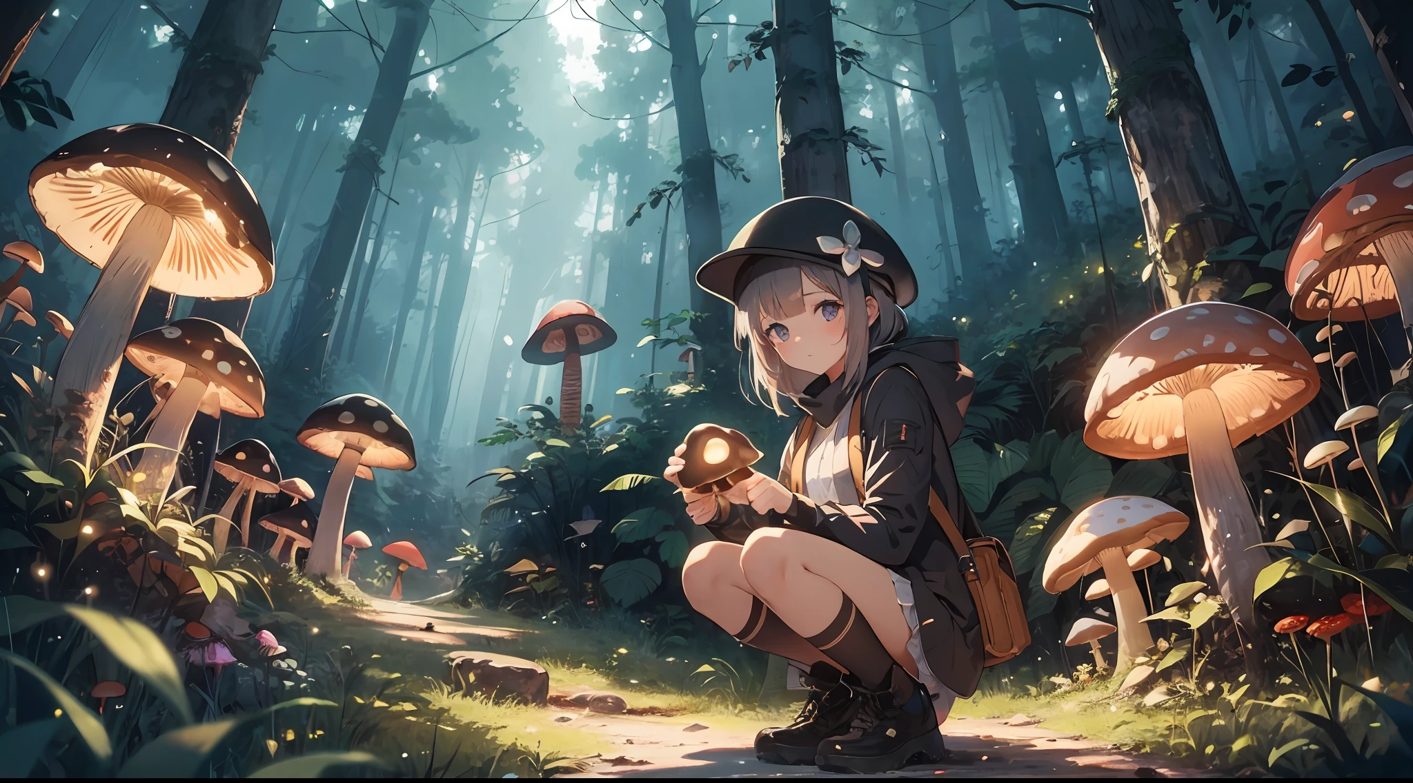 Girl looking at a mushroom in a forest at night --auto --s2