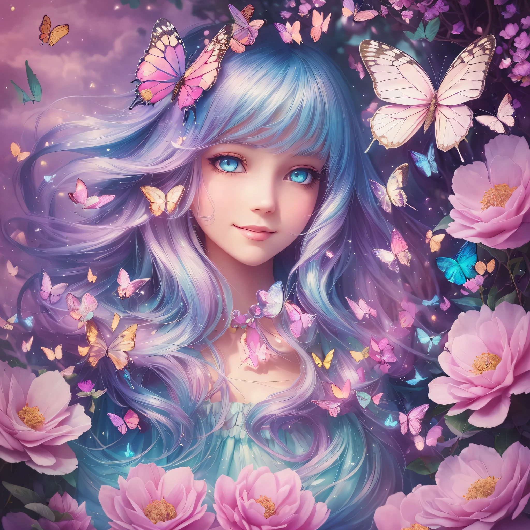 (best quality, artistic, unique style),(a beautiful girl),(mysterious, surreal, dreamlike atmosphere),(colorful, pastel, soft focus),(smiling, happy expression),(sparkling, shining eyes),(fluffy, cotton candy clouds),(butterflies, flowers, magical surroundings), fairy tale vibe