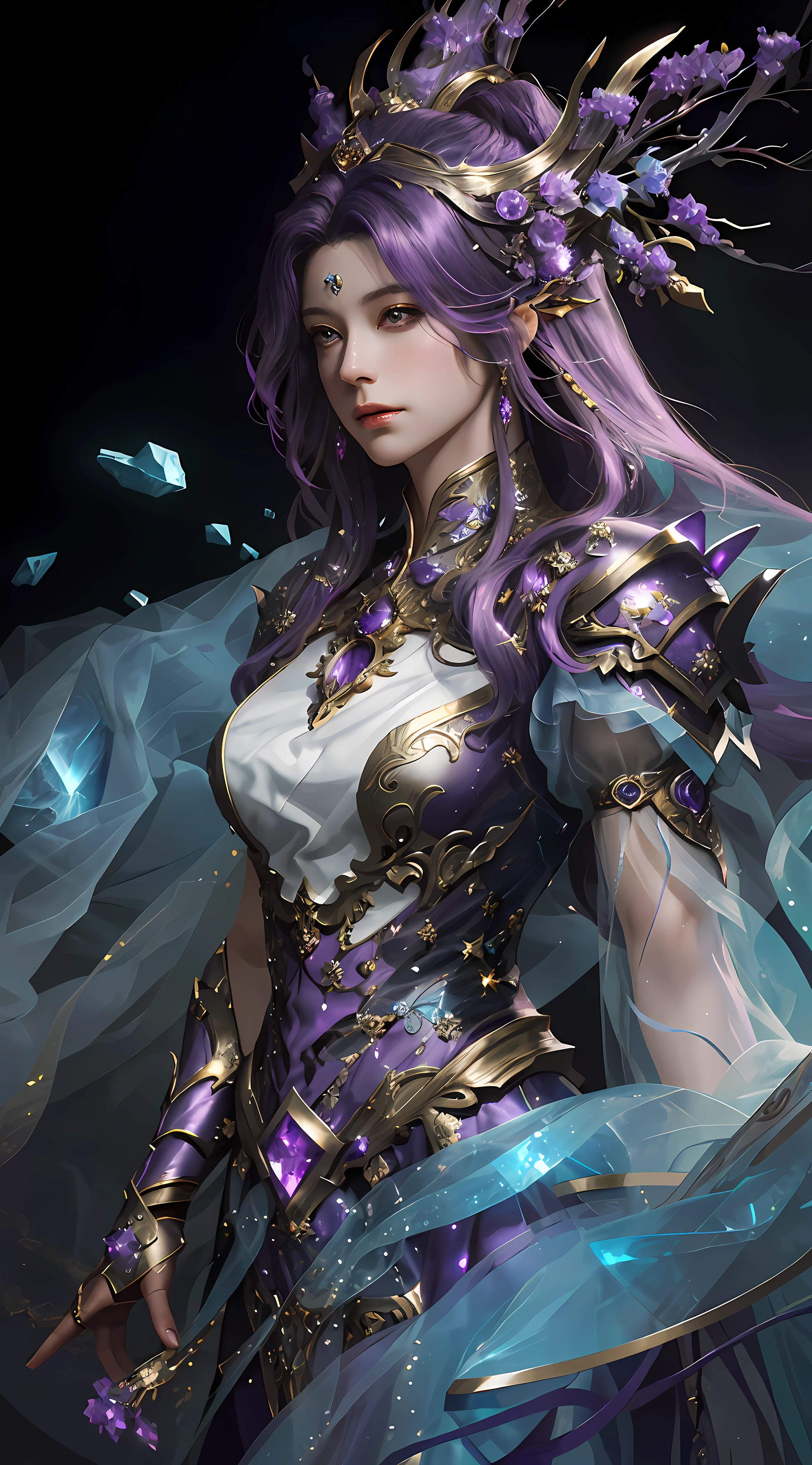 close-up of a woman with hands with a strong purple light of dark purple hair in a gold and dark purple dress with crystals, chengwei pan on artstation, by Yang J, detailed fantasy art, stunning character art, fanart best artstation, epic and exquisite character art, beautiful armor, extremely detailed art, detailed digital anime art, Artgerm on Artstation Pixiv, Girl in Armor