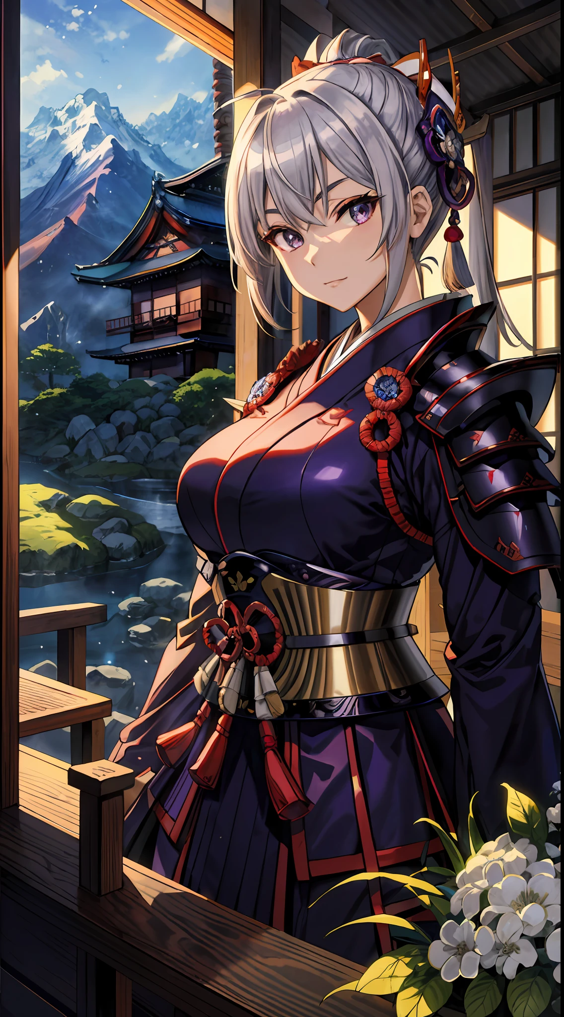 Masterpiece, top quality, high resolution, solo, mahokenshi inspired, a woman, safirai house samurai armor, defense masters, hyper detailed, sexy Japanese armor, silver and purple details, ice spike armor, perfect hands, beautiful artwork, master quality, best shadows, lighting highlighting the character, in a Japanese sapphire house village in the mountains