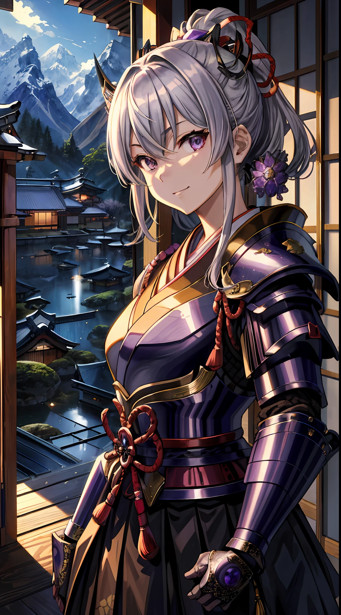 Masterpiece, top quality, high resolution, solo, mahokenshi inspired, a woman, safirai house samurai armor, defense masters, hyper detailed, sexy Japanese armor, silver and purple details, ice spike armor, perfect hands, beautiful artwork, master quality, best shadows, lighting highlighting the character, in a Japanese sapphire house village in the mountains