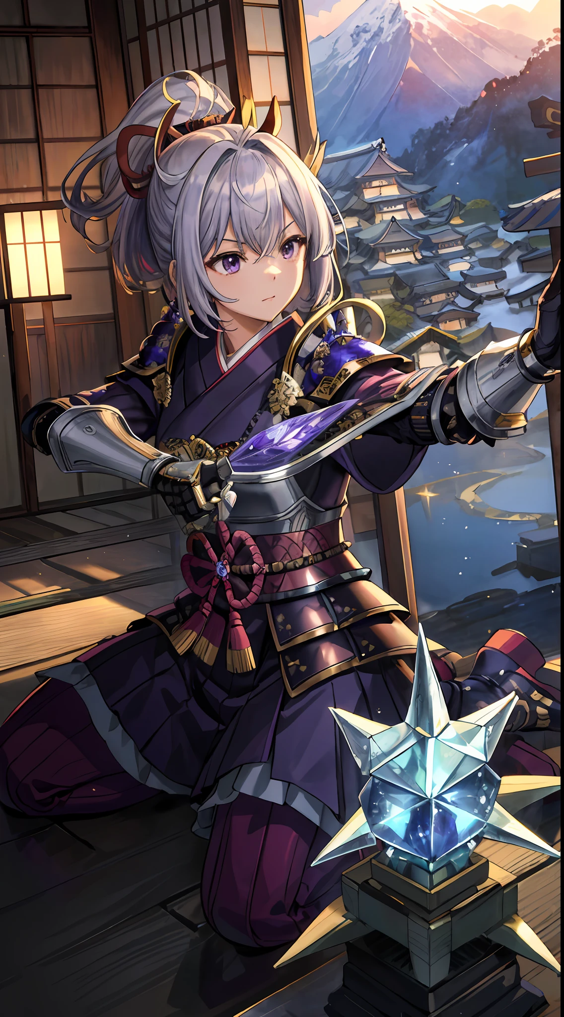 Masterpiece, top quality, high resolution, solo, mahokenshi inspired, a woman, safirai house samurai armor, defense masters, hyper detailed, sexy Japanese armor, silver and purple details, ice spike armor, perfect hands, beautiful artwork, master quality, best shadows, lighting highlighting the character, in a Japanese sapphire house village in the mountains