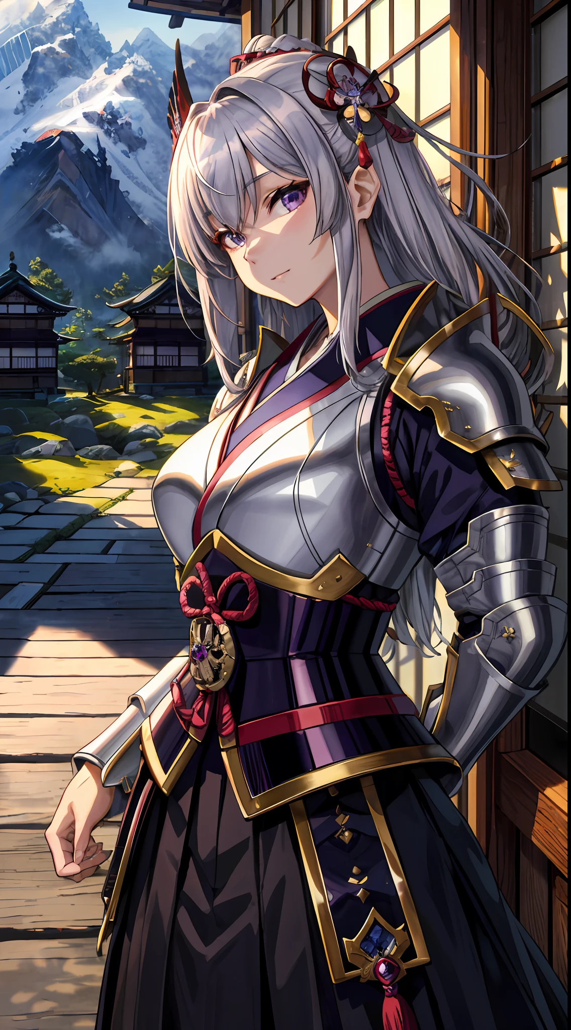 Masterpiece, top quality, high resolution, solo, mahokenshi inspired, a woman, safirai house samurai armor, defense masters, hyper detailed, sexy Japanese armor, silver and purple details, ice spike armor, perfect hands, beautiful artwork, master quality, best shadows, lighting highlighting the character, in a Japanese sapphire house village in the mountains