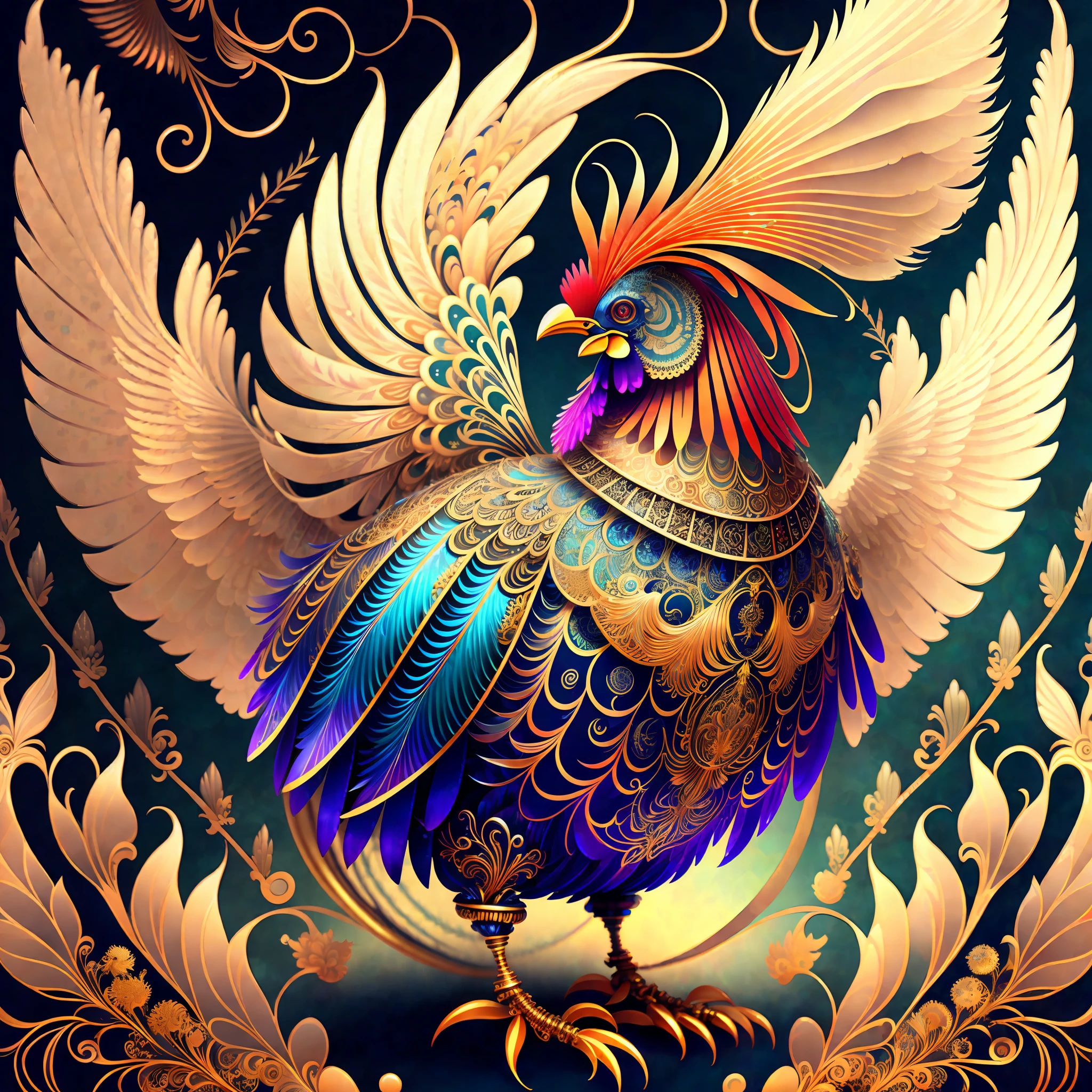 android mechnical rooster, robot wings,earnst haeckel, james jean. generative art, baroque, intricate patterns, fractalism, movie still, photorealistic, vibrant rooster feathers, intricate, elegant, highly detailed, digital painting, artstation, smooth, sharp focus, illustration, outrun, vaporware,full body shot