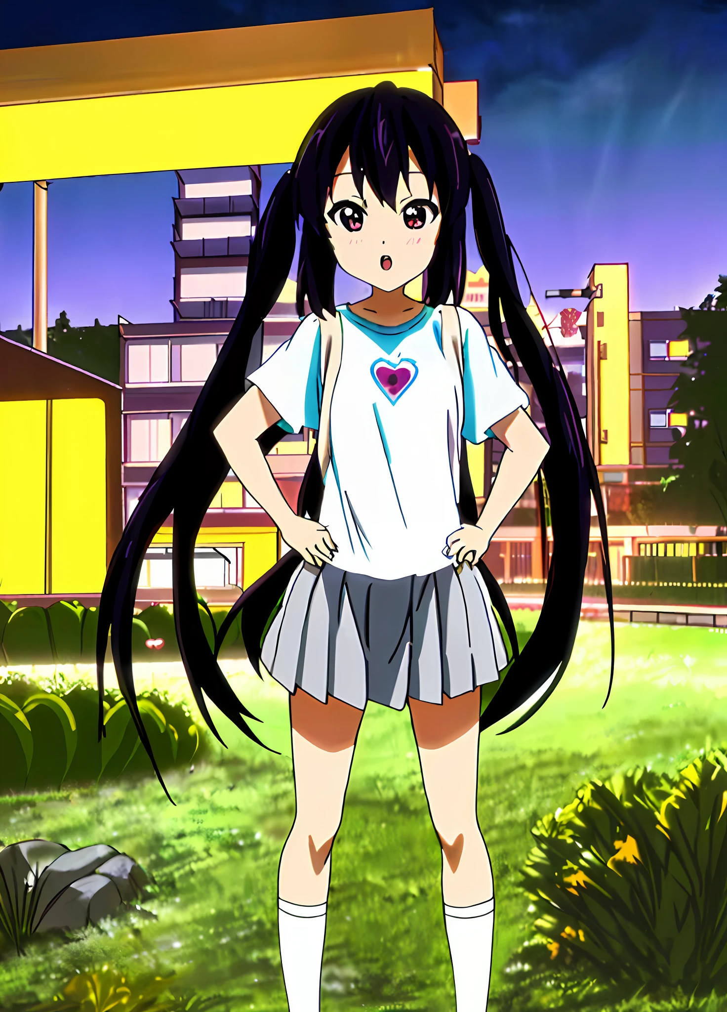 {{{nakano_azusa }}}},{loli},twintails, suspenders.white t-shirts.skirt.long hair.black hair.(((masterpiece))).(((best quality))).)((ultra-detailed))).(((illustration))).(((night view))).(((put your hands on your hips))).(((Heart on chest))).open mouth.make a fist.