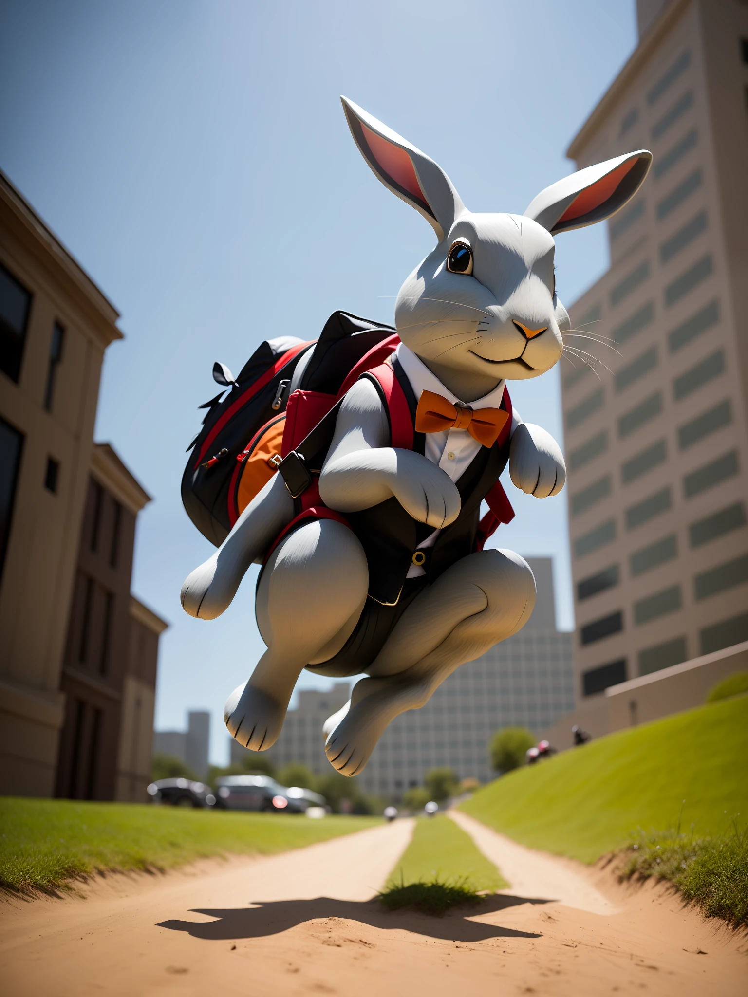 A playful rabbit wearing a dapper bowtie and carrying a tiny leather backpack, surrounded by her companions, playfully leaps over obstacles, bringing a sense of lightheartedness to their challenging journey, Sculpture, crafted with dynamic poses and textured materials, capturing the movement and joy that the rabbit embodies, --ar 9:16 --v 5
