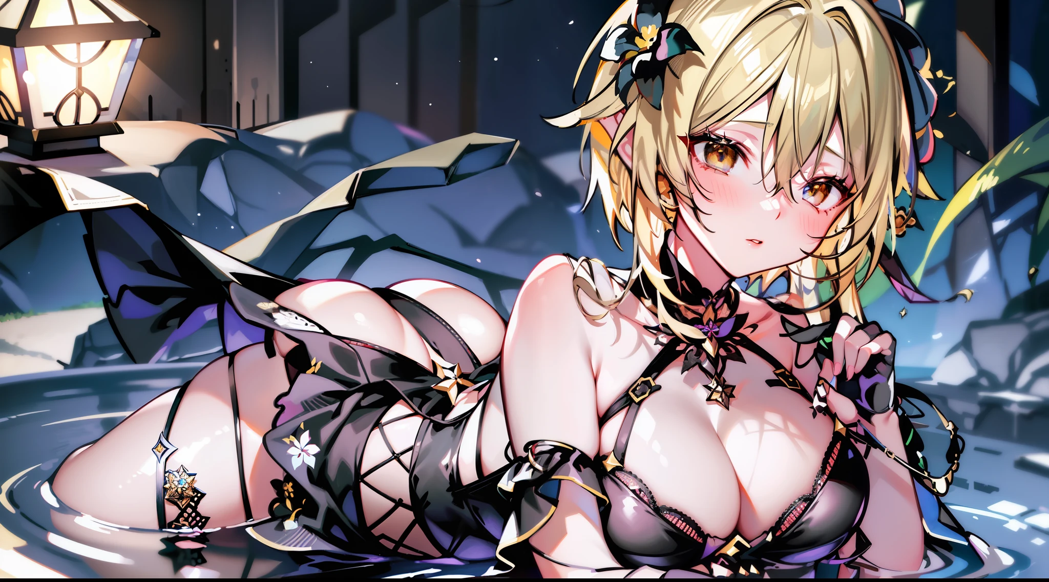 masterpiece, best quality, highy resolution, 1girl, solo, lumine (genshin impact), blonde hair, short hair, black flower ornament hair, black lipstick, black summer dress, hot Springs, night, moolight, blushes, big breasts, captivating, attractive, gorgeous, smooth, glowing skin, full body, queen abyss, breasts over
