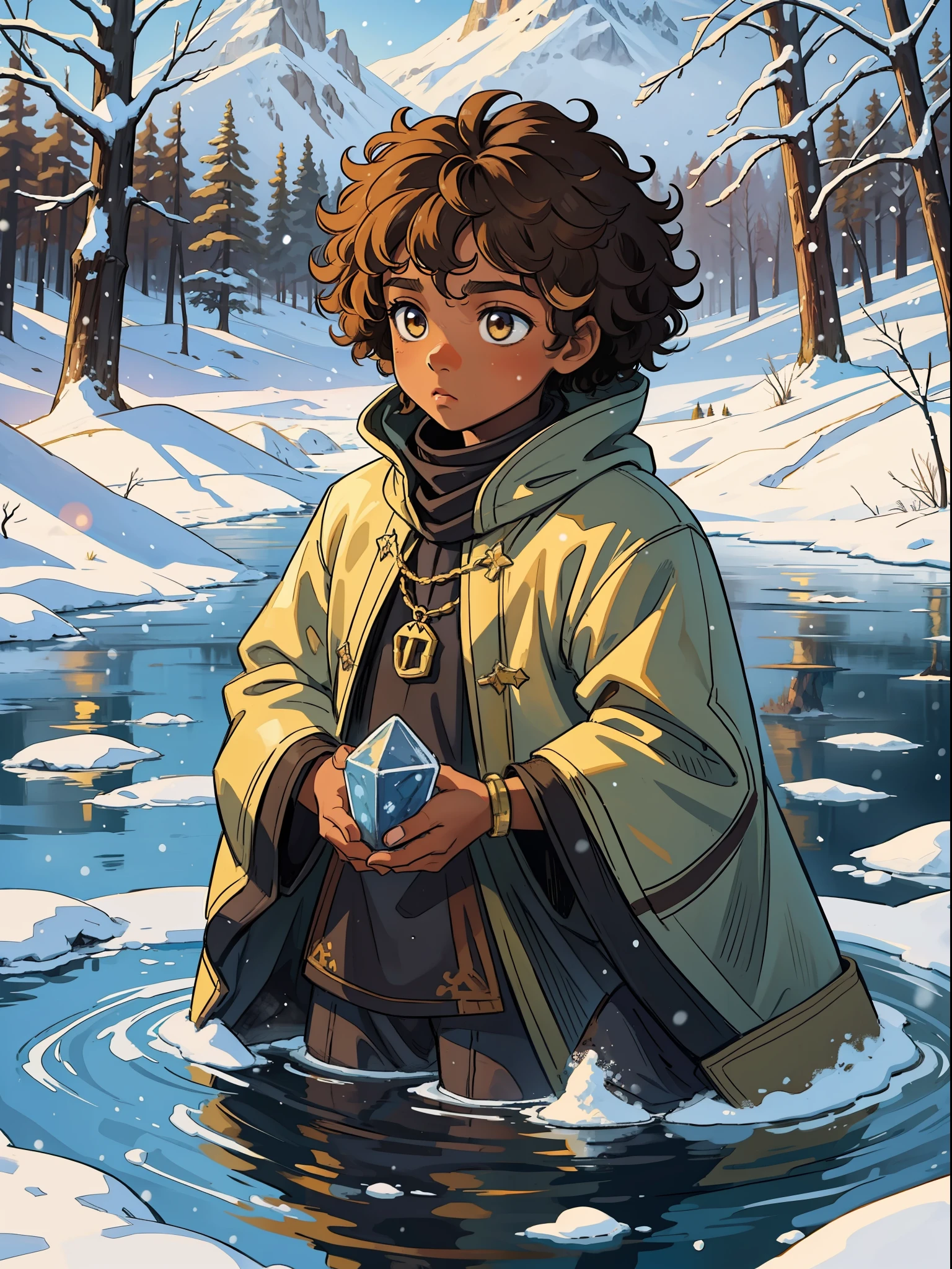 A boy, a small black child, dark-skinned, brown, with curly yellow hair, curly blonds and an innocent look in the middle of a frozen lake in winter, surrounded by forest in the snowy mountains, wearing medieval clothes, RPG DND;