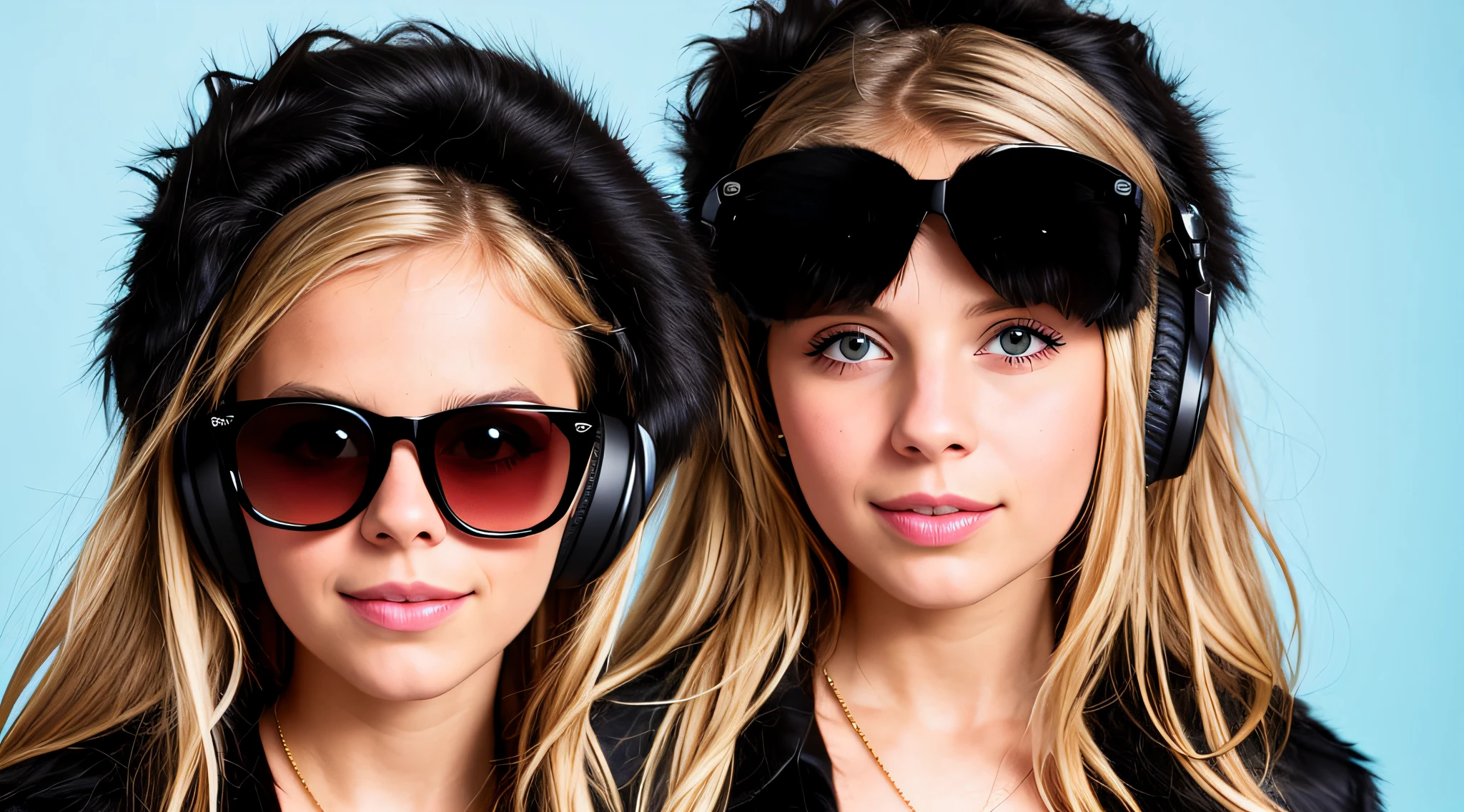 GIRL CHILD , RUSSIAN STYLE BLONDE HEADPHONES, BLACK FUR COAT AND SUNGLASSES, shoulder length messy hair BLONDE, RED BACKGROUND, BROWN EYES, HAPPY, CLEAN DETAILED FACES, INTRACATE CLOTHES, ANALOG COLORS, BRIGHT SHADOWS, BEAUTIFUL GRADIENT, DEPTH OF FIELD, CLEAN IMAGE, HIGH QUALITY, HIGH DETAIL, HIGH DEFINITION, Luminous Studio graphics engine, beautiful face