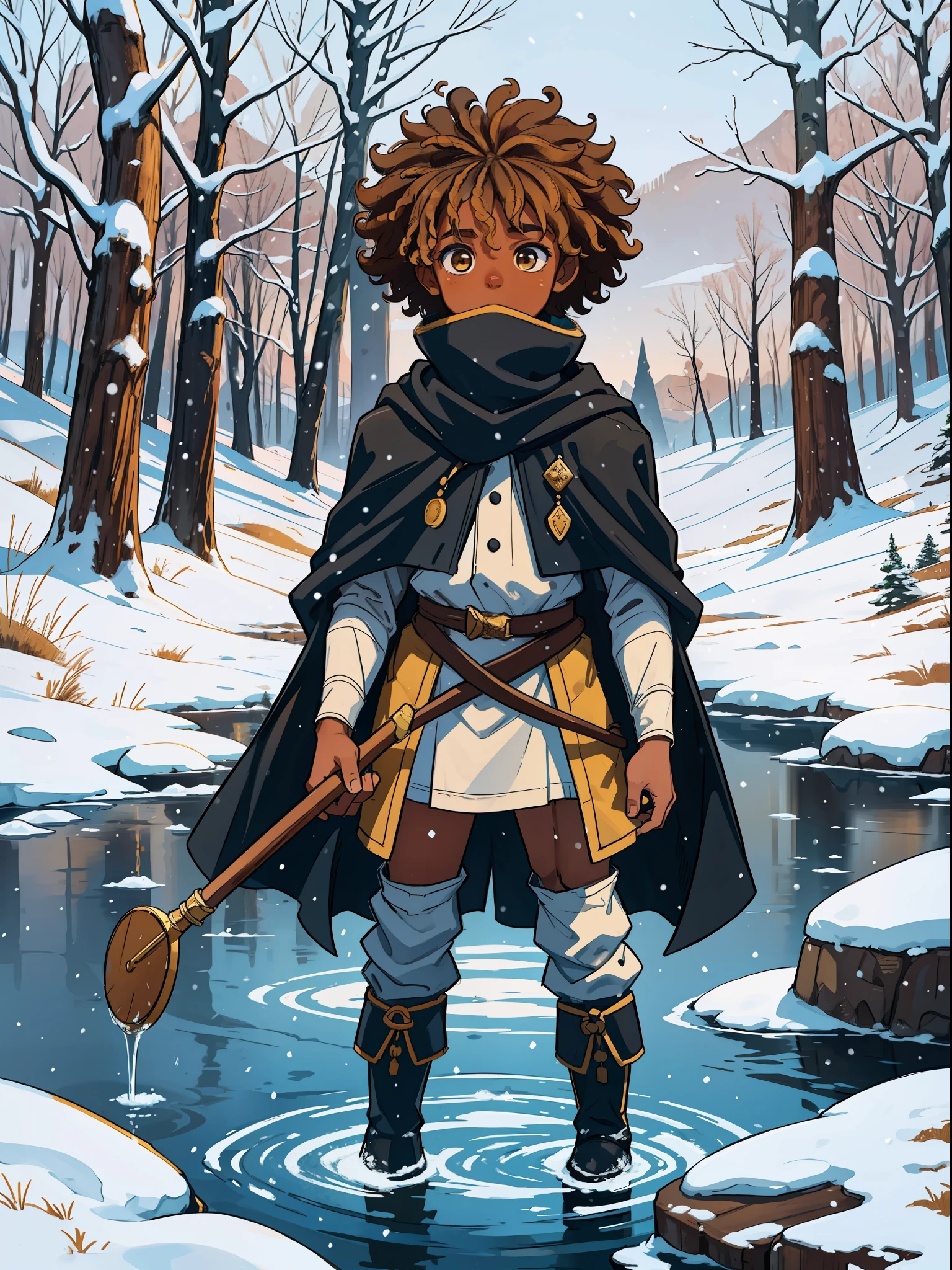 A boy, a small black child, dark-skinned, brown, with curly yellow hair, curly blonds and an innocent look in the middle of a frozen lake in winter, surrounded by forest in the snowy mountains, wearing medieval clothes, RPG DND;