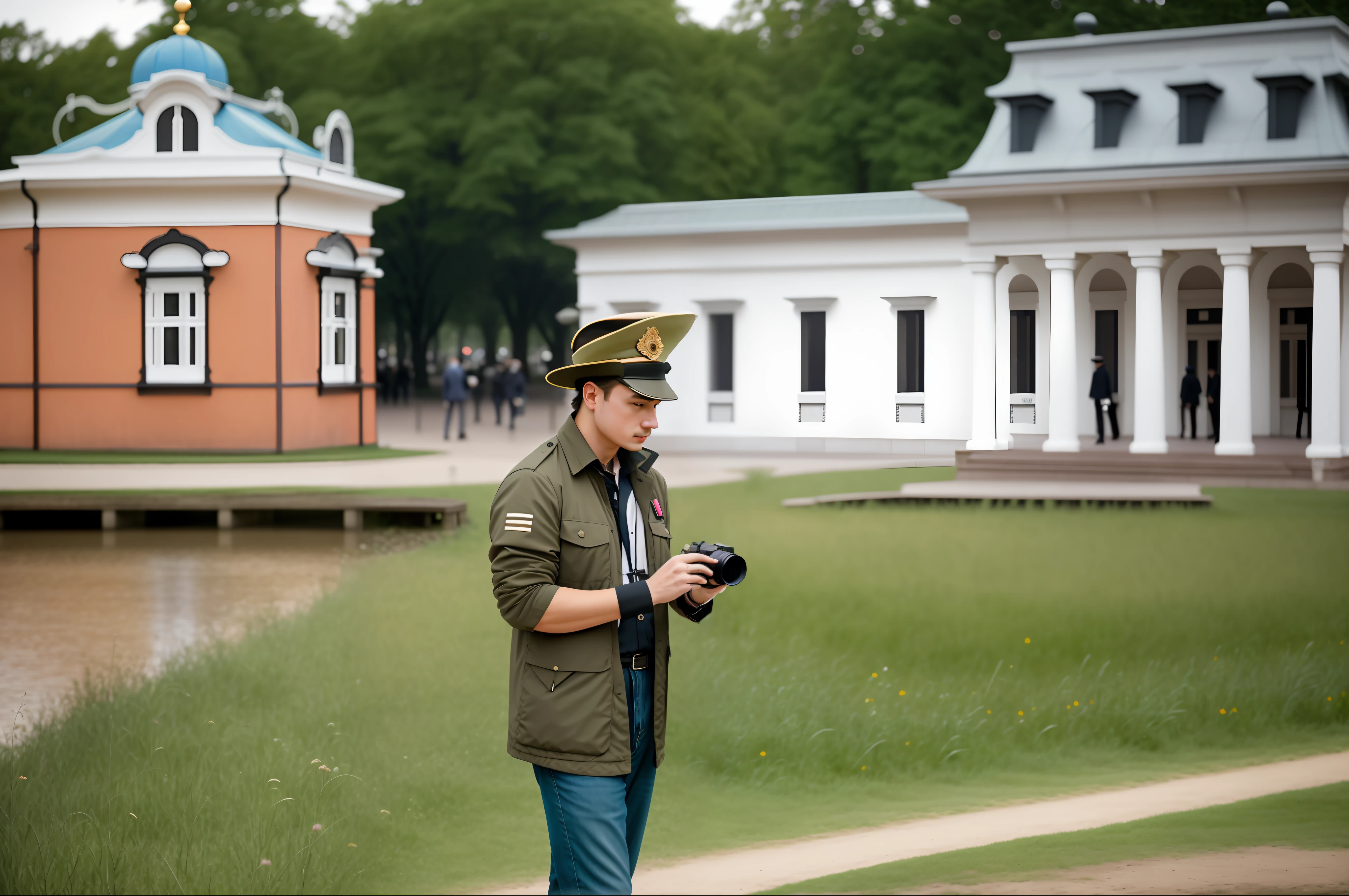 there is a man standing on a path with a hat on, time travelers appear in a park, alexandra fomina, photographer, museum curator, aleksander rostov, noctilux 50mm, photo realist, photo taken with sony a7r, raden saleh, victor antonov, in modern era