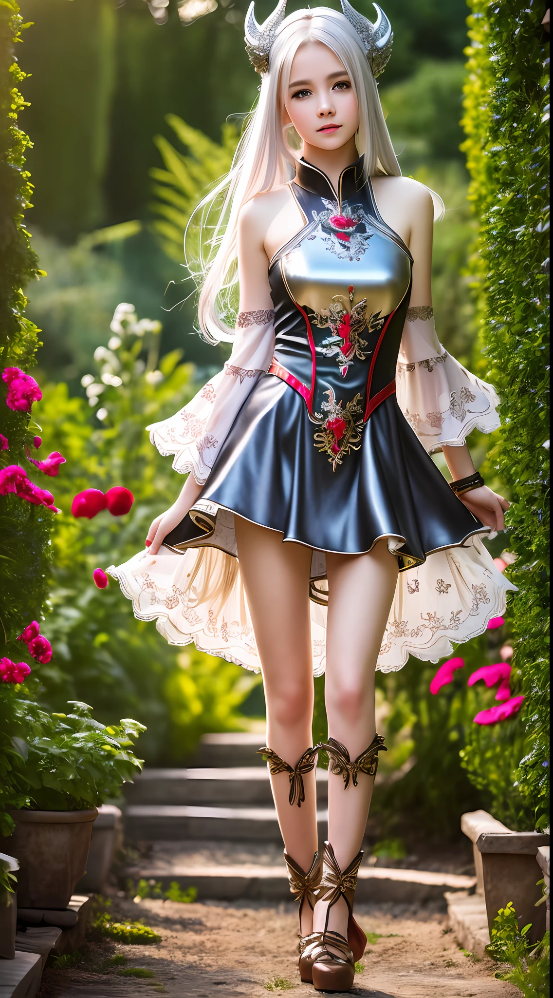 masterpiece, best quality, high resolution, neatly detailed, very detailed and beautiful, premium image, 1girl, solo, bottom, silver hair, red eyes, dragon horns, outdoor, plants, vegetable garden, beautiful dress, short dress, camel finger under pants, from below, full body detailed, realistic,