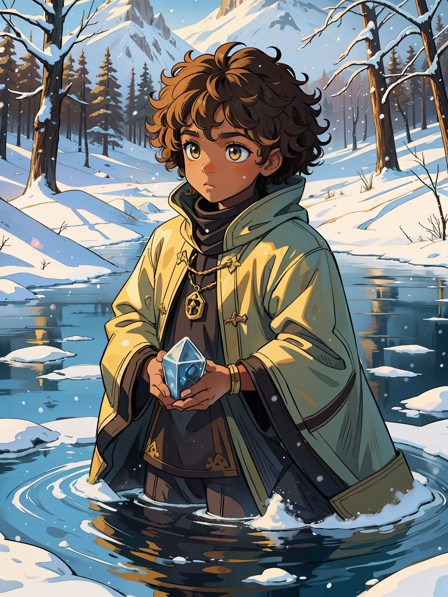 A boy, a small child with black cat ears, dark-skinned, brown, curly yellow hair, curly blonds, and an innocent look, in the middle of a frozen lake in winter, surrounded by forest in the snowy mountains, wearing medieval RPG dnd clothes;