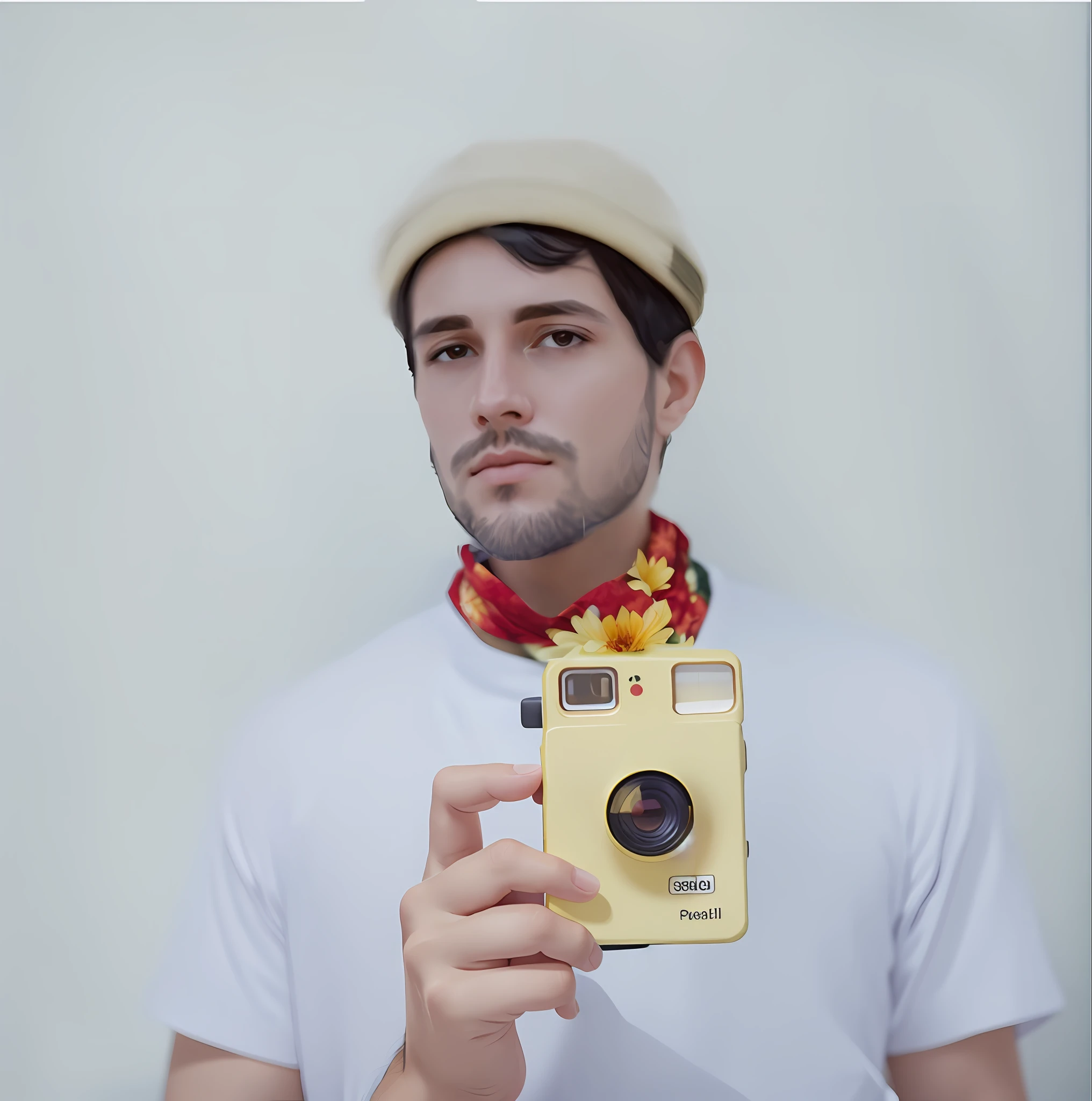 (SSS texture + high specular:1.2), (high saturation, floral:1.3), elegant, (portrait focus, beauty emphasis), (red scarf with yellow flowers), dynamic pose, white background.