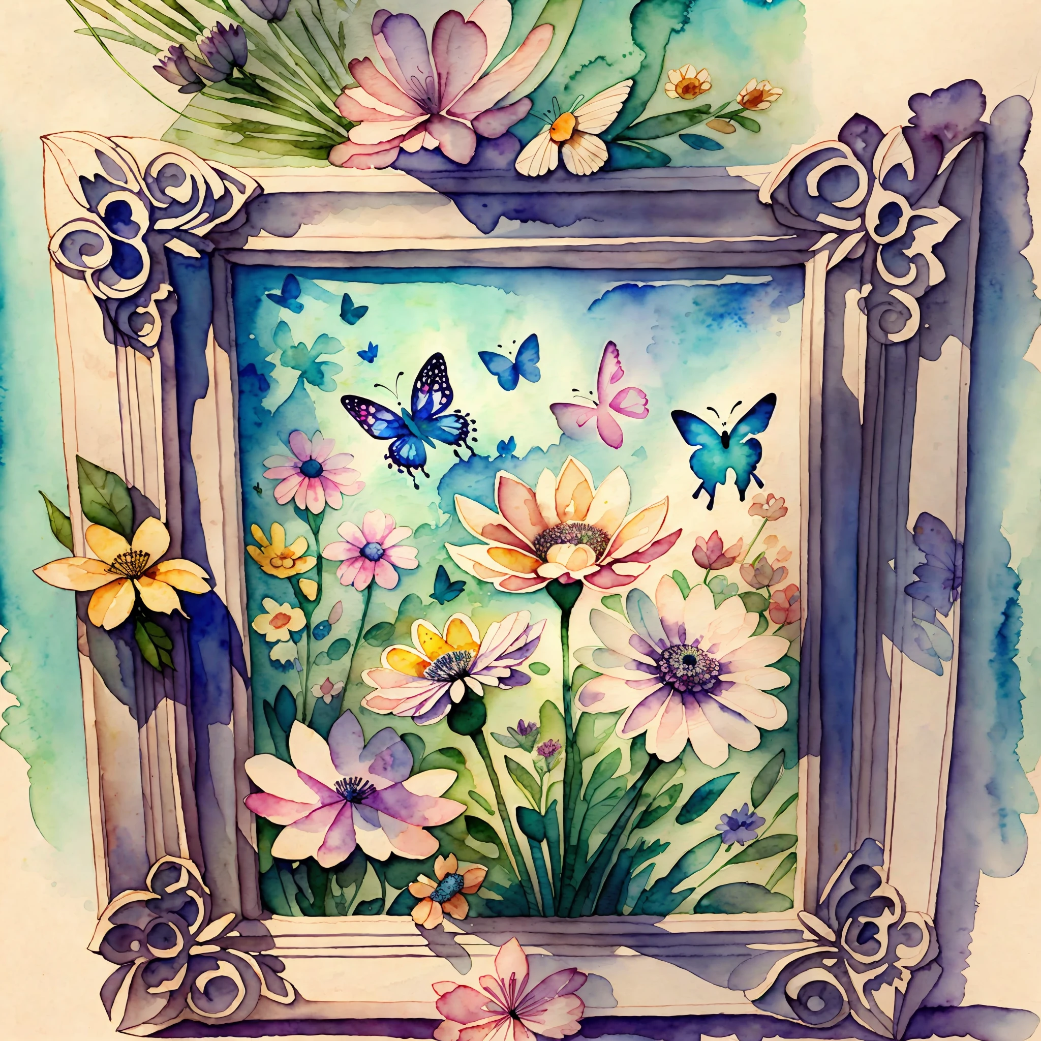 watercolor painting of flowers and butterflies --auto --s2