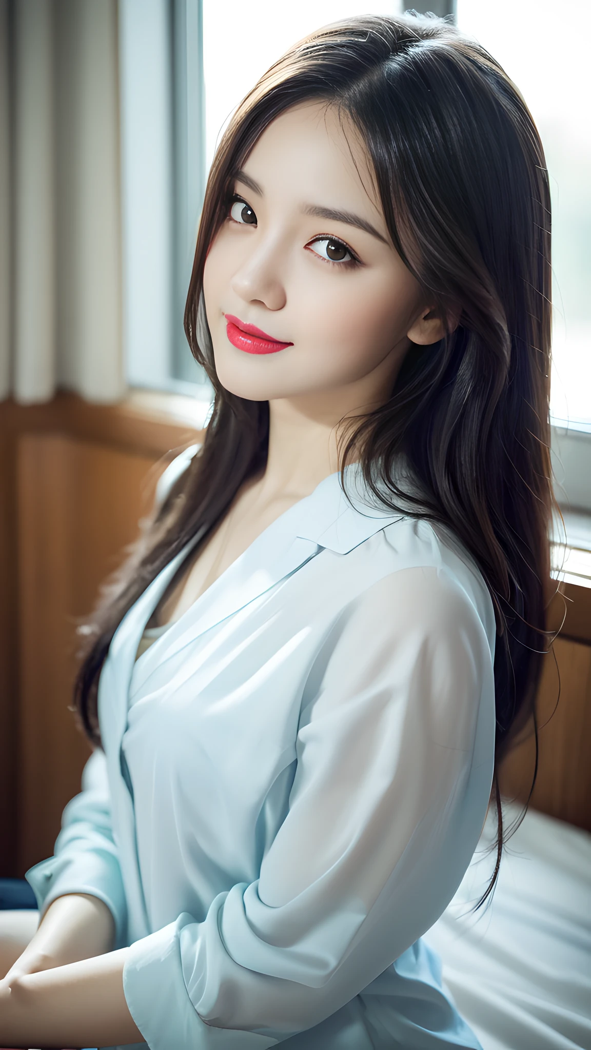 ((Best Quality, 8K, Masterpiece: 1.3)), A beautiful girl, pure, melon face, gentle and cute, sweet smile, pure desire, thin figure, (frontal), (tilted head), looking directly at the camera, uniform, obi, formal, black silky long straight hair, long hair flowing over the shoulders, round black big eyes, clear big eyes, moist red lips, sweet, sitting on the edge of the bed, window sill background,