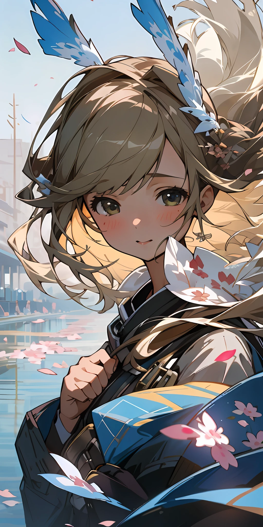 (best quality, masterpiece, ultra-realistic), 1 beautiful and delicate portrait of a girl, playful and cute, with floating petals in the background