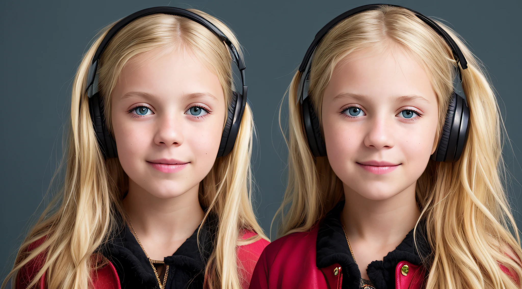 GIRL CHILD 8 YEARS OLD, RUSSIAN STYLE BLONDE HEADPHONES, GREEN FUR COAT, messy shoulder length BLONDE HAIR, RED BACKGROUND, brown eyes, happy, clean detailed faces, intracate clothes, analogous colors, bright shadows, beautiful gradient, depth of field, clean image, high quality, high detail, high definition, Luminous Studio graphics engine, beautiful face