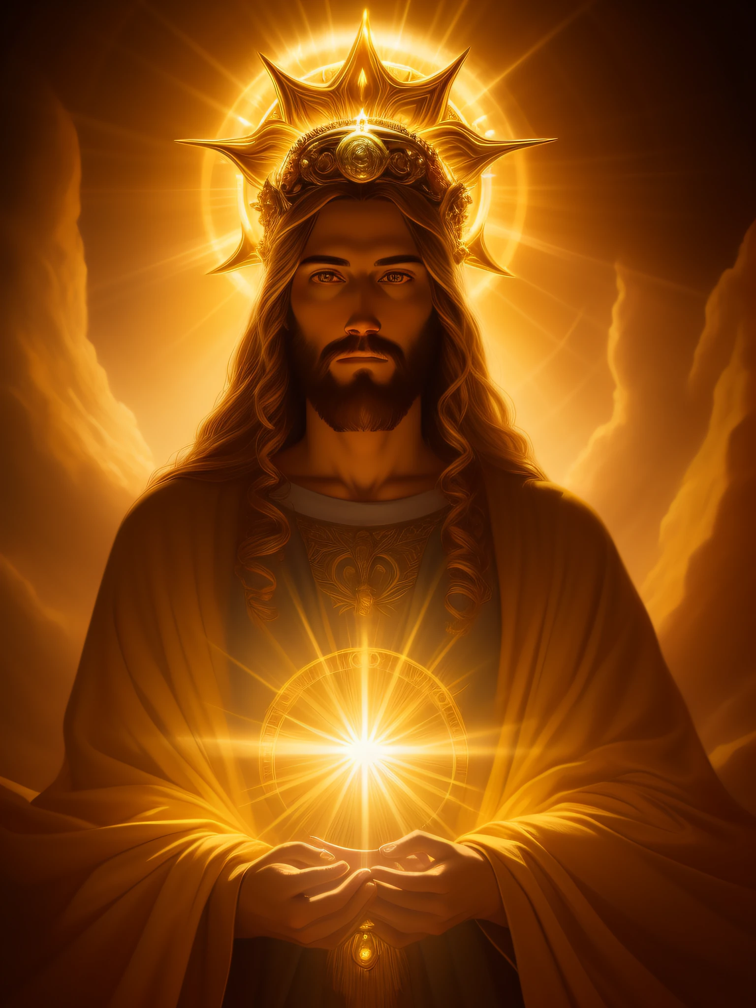 highly detailed portrait of a jesus christ sun god halo of light, gold, unreal engine, art by mark ryden, lostfish, earl norem, global illumination, god rays, detailed and intricate environment, elden ring style