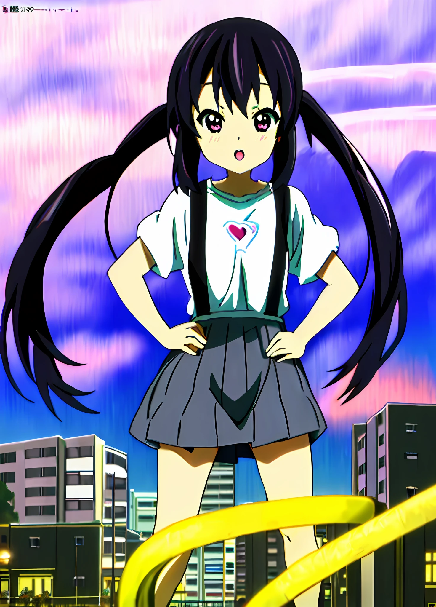 {{{nakano_azusa }}}},{loli},twintails, suspenders.white t-shirts.skirt.long hair.black hair.(((masterpiece))).(((best quality))).)((ultra-detailed))).(((illustration))).(((night view))).(((put your hands on your hips))).(((Heart on chest))).open mouth.make a fist.