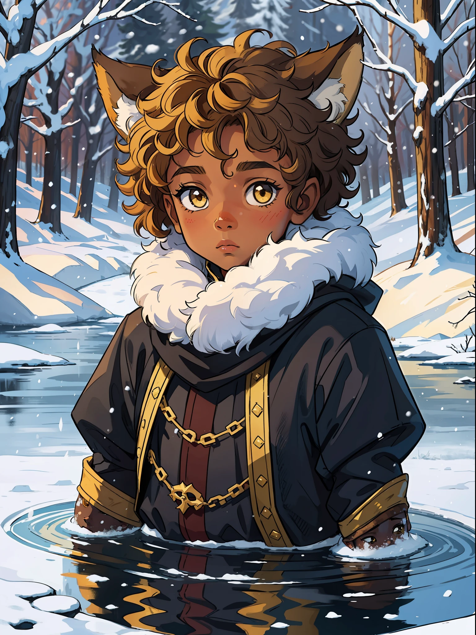 A boy A small black child of dark brown skin with curly yellow hair curly blond and an innocent look in the middle of a frozen lake in winter surrounded by forest in the snowy mountains wearing medieval clothes RPG DND, put lynx ears on this child