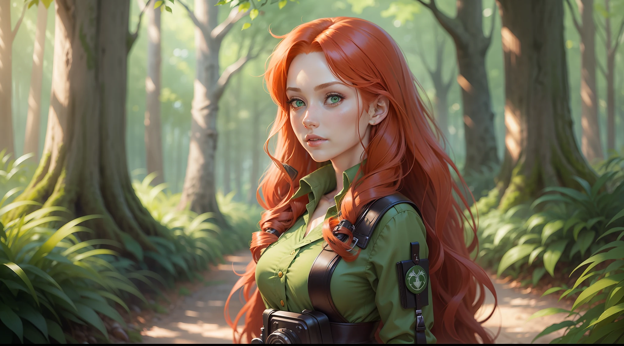 Long-haired redhead girl with green eyes and a purse in a forest, beautiful portrait of Nami, 8K Artgerm bokeh, Triss Merigold cosplay, anime. natural soft lighting, a bridge, waist-thin, hyper realistic anime