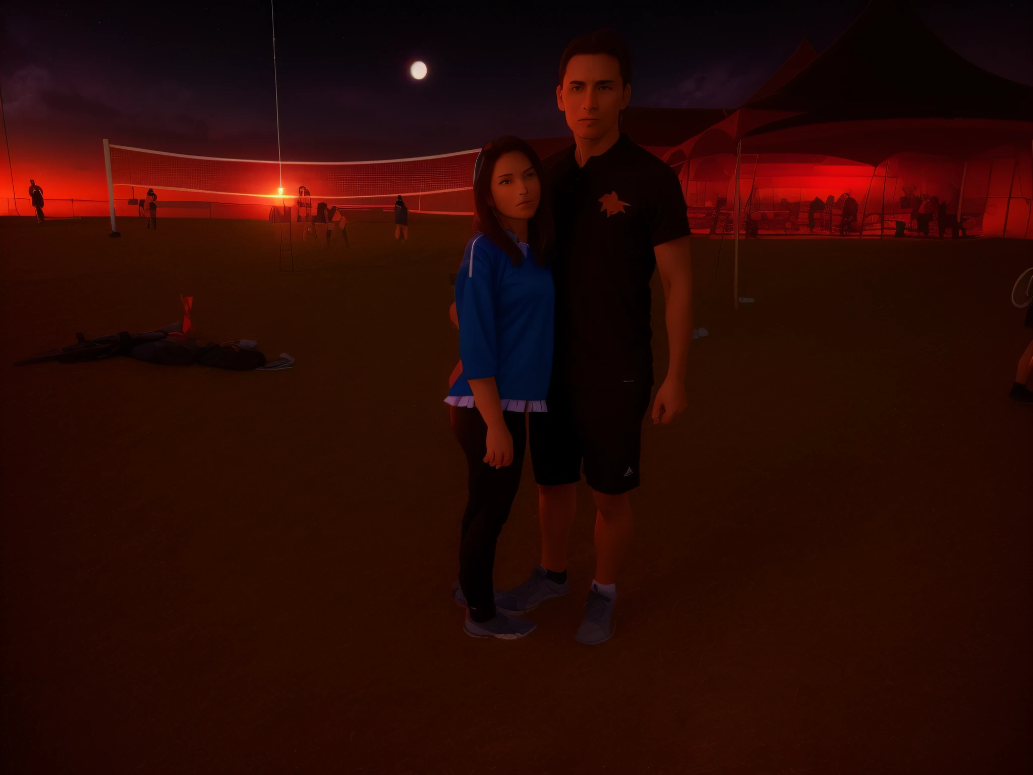 there are two people standing in a field at night, wearing a volleyball jersey, reddit post, discovered photo, very very low quality picture, taken in the night, profile image, profile pic, john picacio and brom, profile picture, tyler edlin and natasha tan, nigth, volleyball, low quality photo, standing near the beach, full-body-shot