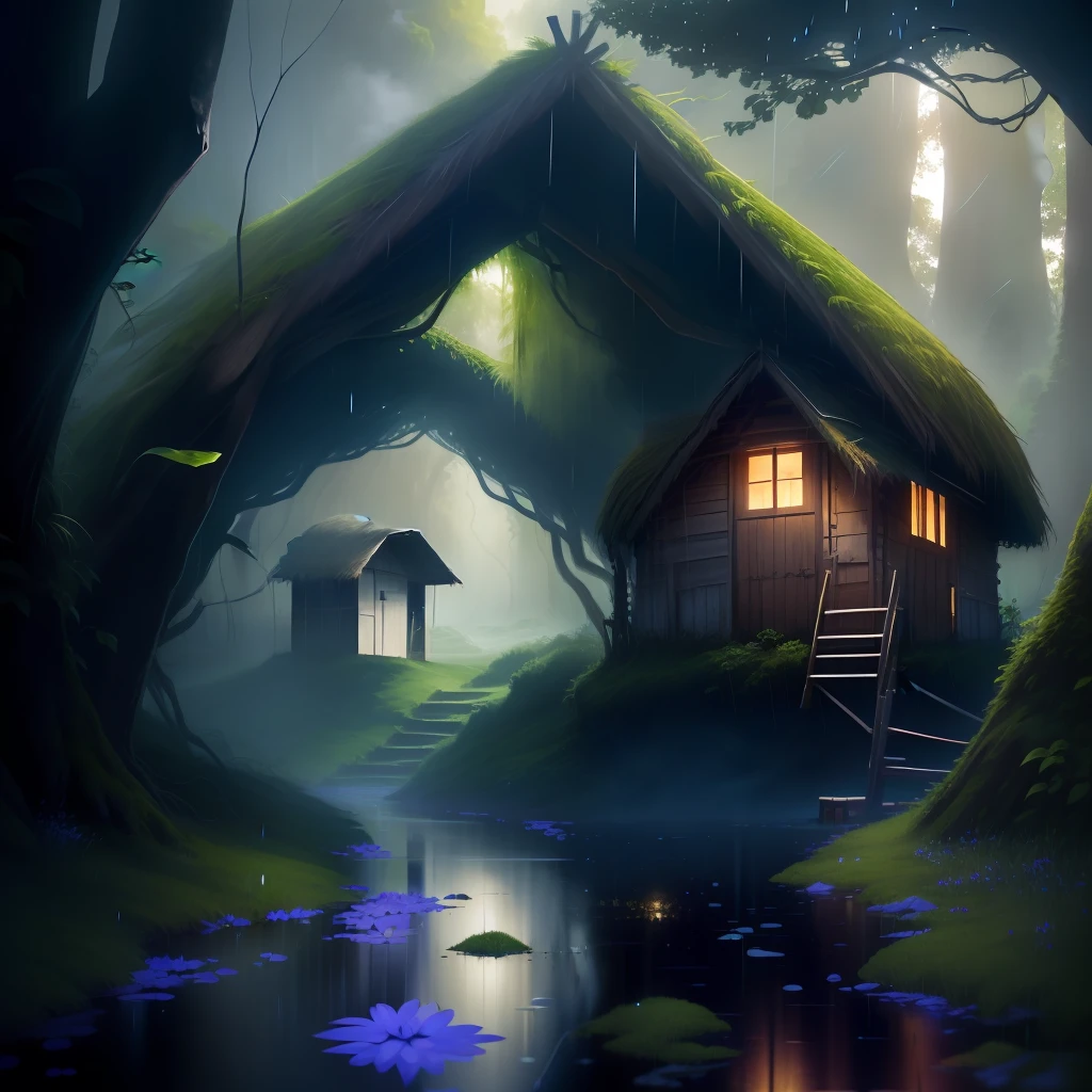 Field, a hut ,rain , forest , 1 river