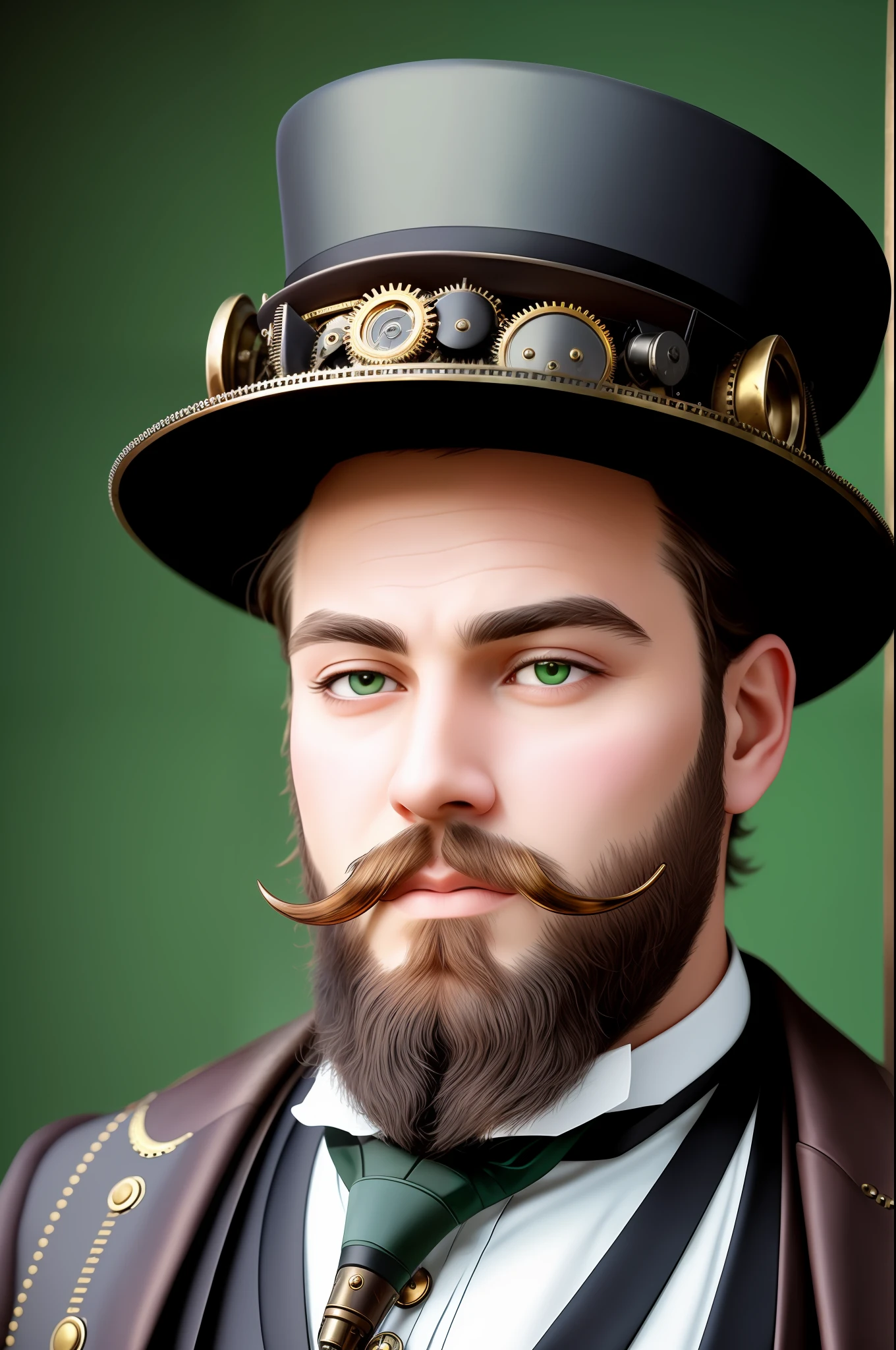 close-up, gentleman in hat with beard, Victorian era, round face, big cheeks, green eyes, ((steampunk)), cinematography, crafted, elegant, meticulous, magnificent, maximum detail, extremely hyper-aesthetic, intricately detailed
