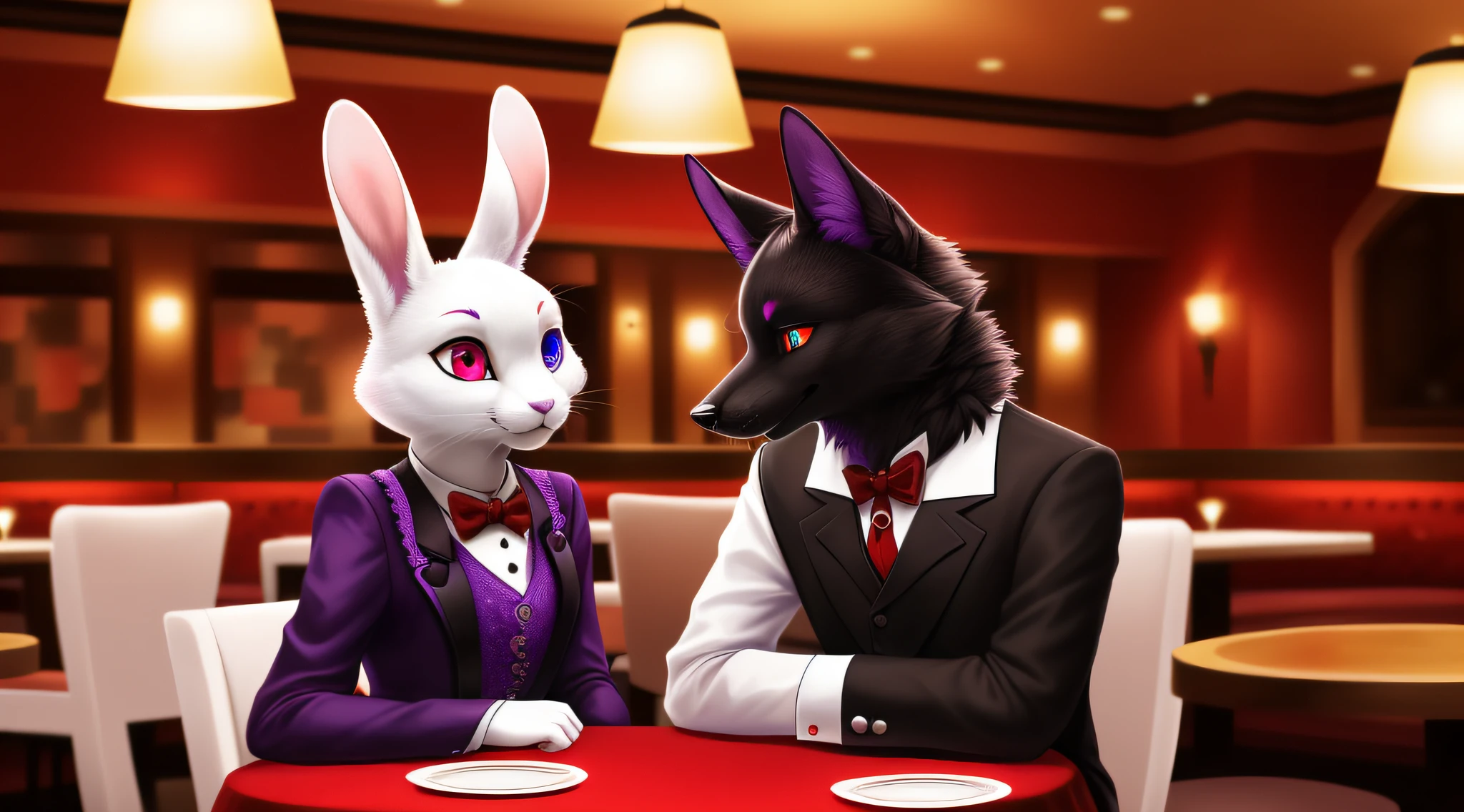 (1man, a black fox with purple paws, antrum, red pawpads, with blue- and red-eyed heterochromia, purple ear, tail tip = purple) on an encounter with (1woman, a blue-eyed white rabbit, antrum) (((extremely detailed, extremely detailed legs, extremely detailed arms, extremely detailed face, perfectly detailed eyes, perfectly detailed anatomy)): 1.2, formal clothes, adults, Restaurant background