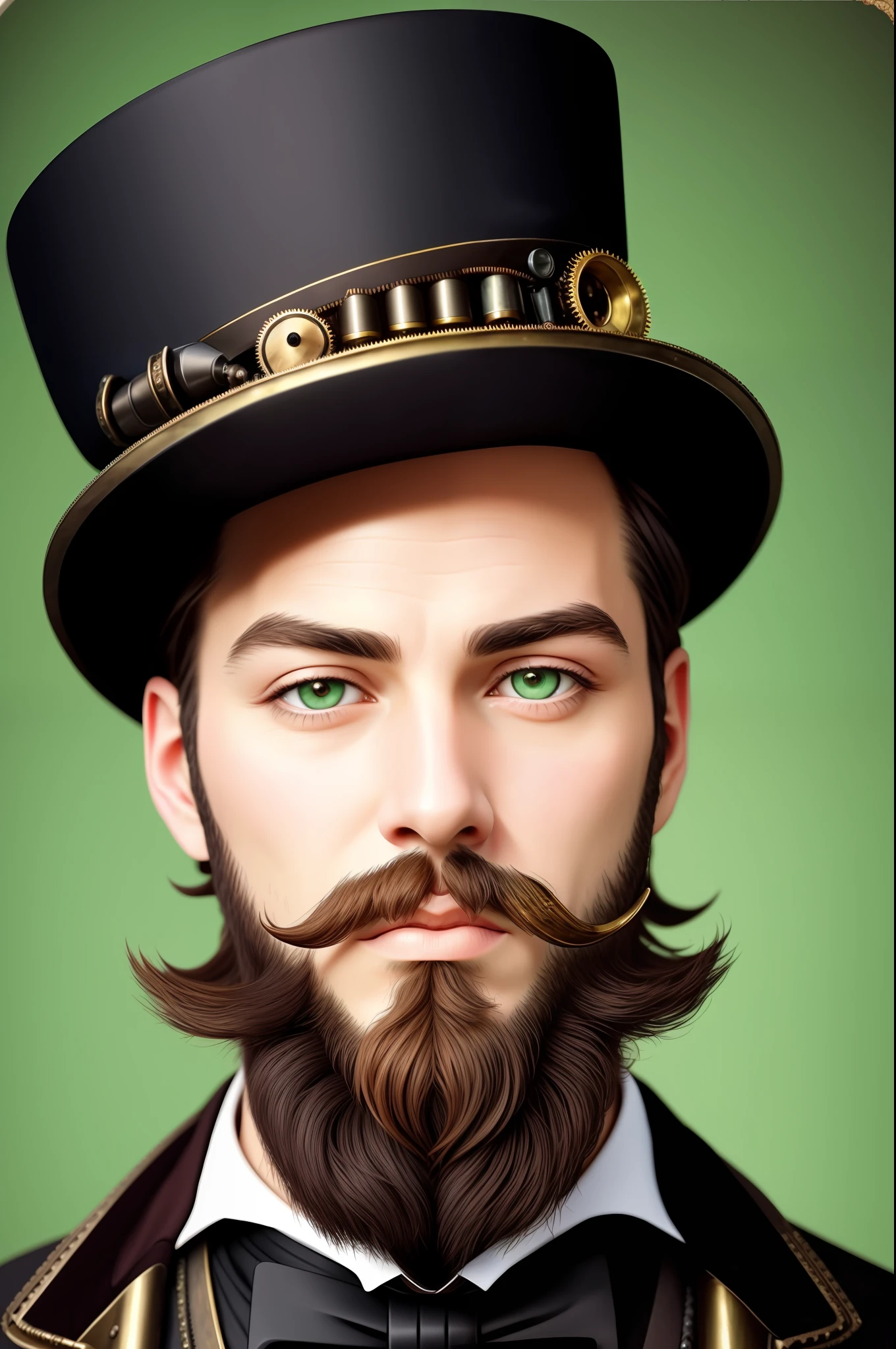 close-up, gentleman in hat with beard, Victorian era, round face, green eyes, ((steampunk)), cinematography, worked, elegant, meticulous, magnificent, maximum detail, extremely hyperaesthetic, intricately detailed