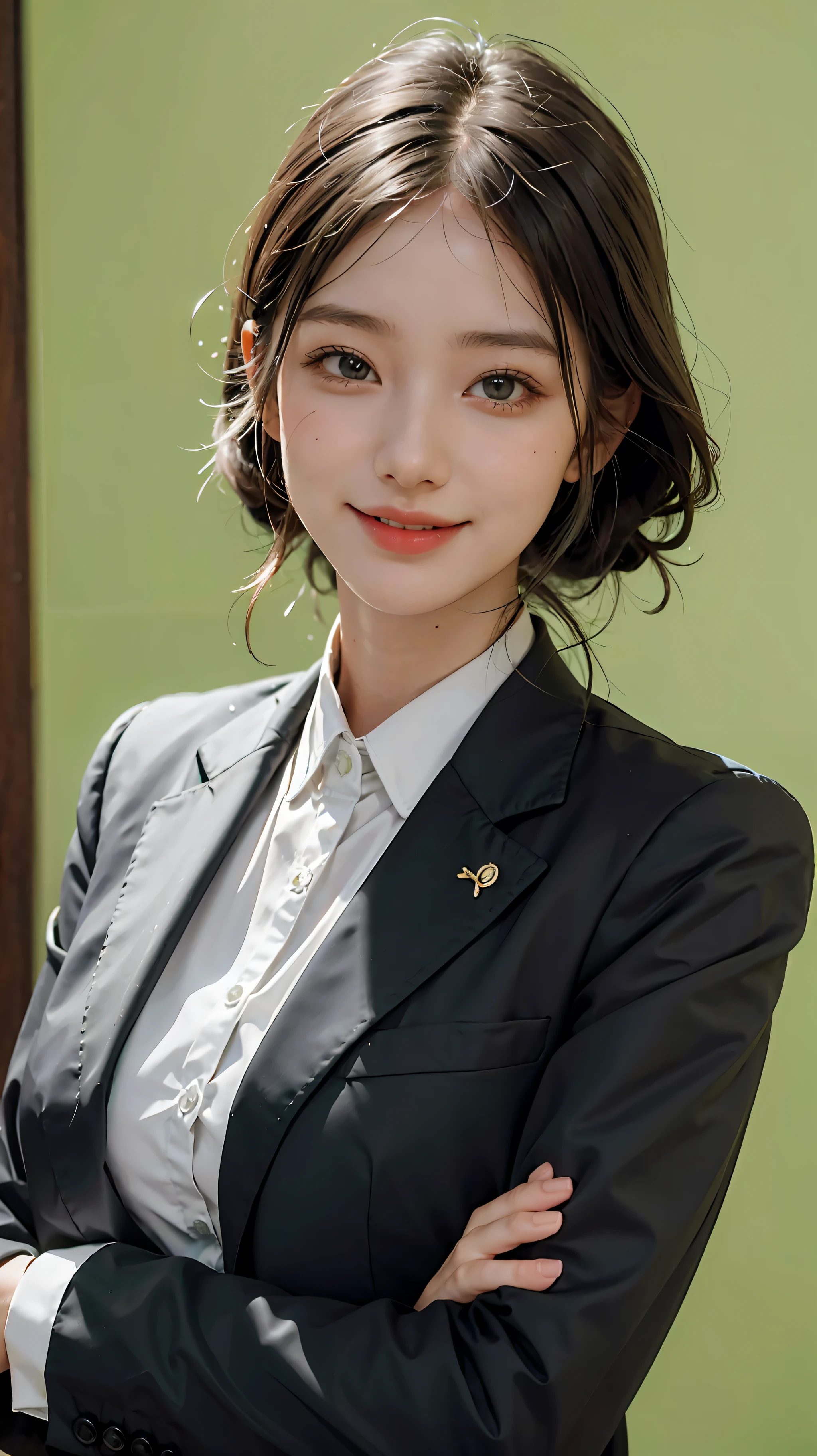 Girl smiling in hotel black suit uniform with light green background