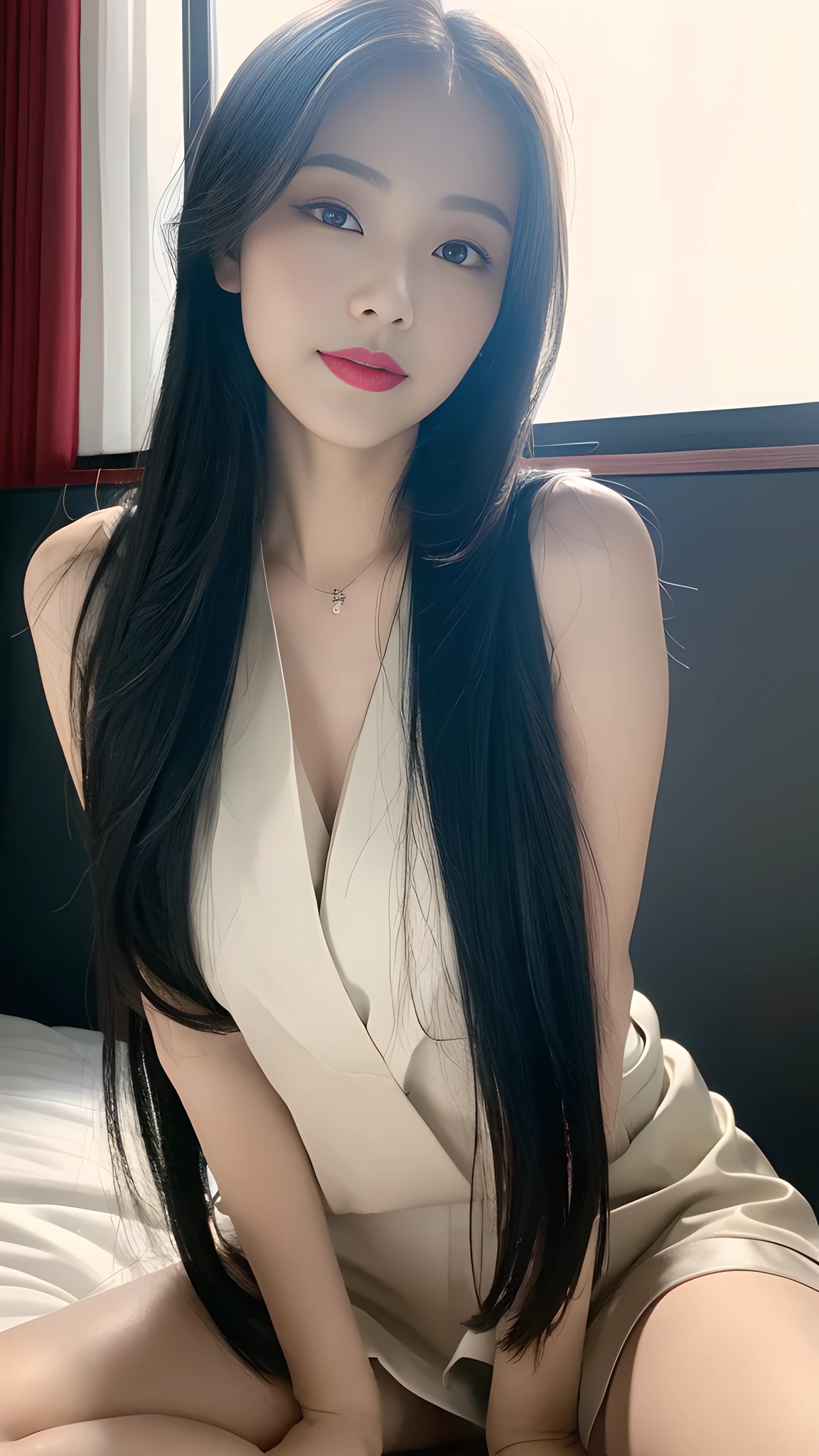 ((Best Quality, 8K, Masterpiece: 1.3)), A beautiful girl, pure, melon face, gentle and cute, sweet smile, pure desire, thin figure, (frontal), (tilted head), looking directly at the camera, uniform, obi, formal, black silky long straight hair, long hair flowing over the shoulders, round black big eyes, clear big eyes, moist red lips, sweet, sitting on the edge of the bed, window sill background,