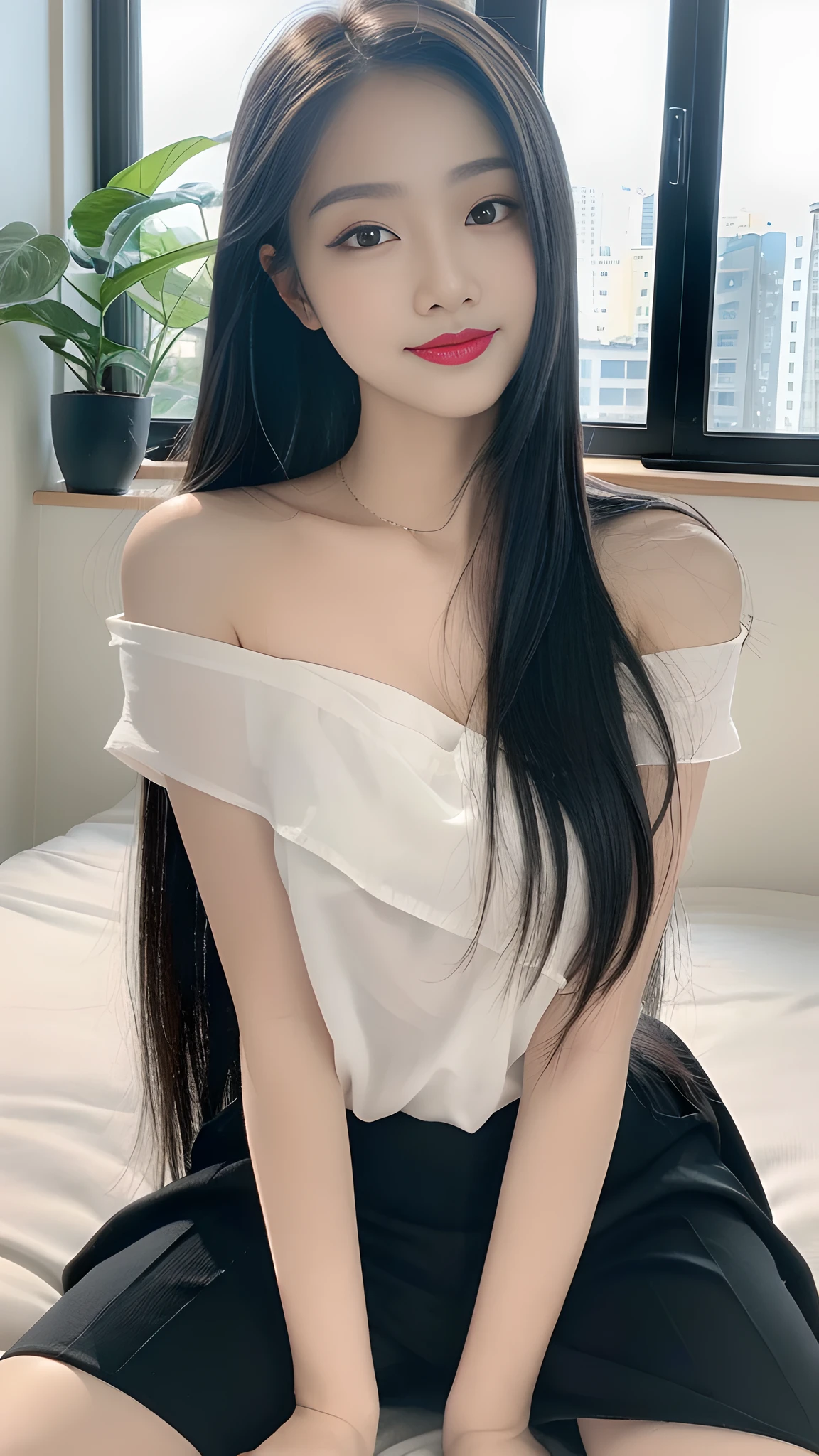 ((Best Quality, 8K, Masterpiece: 1.3)), A beautiful girl, pure, melon face, gentle and cute, sweet smile, pure desire, thin figure, (frontal), (tilted head), looking directly at the camera, uniform, obi, formal, black silky long straight hair, long hair flowing over the shoulders, round black big eyes, clear big eyes, moist red lips, sweet, sitting on the edge of the bed, window sill background,