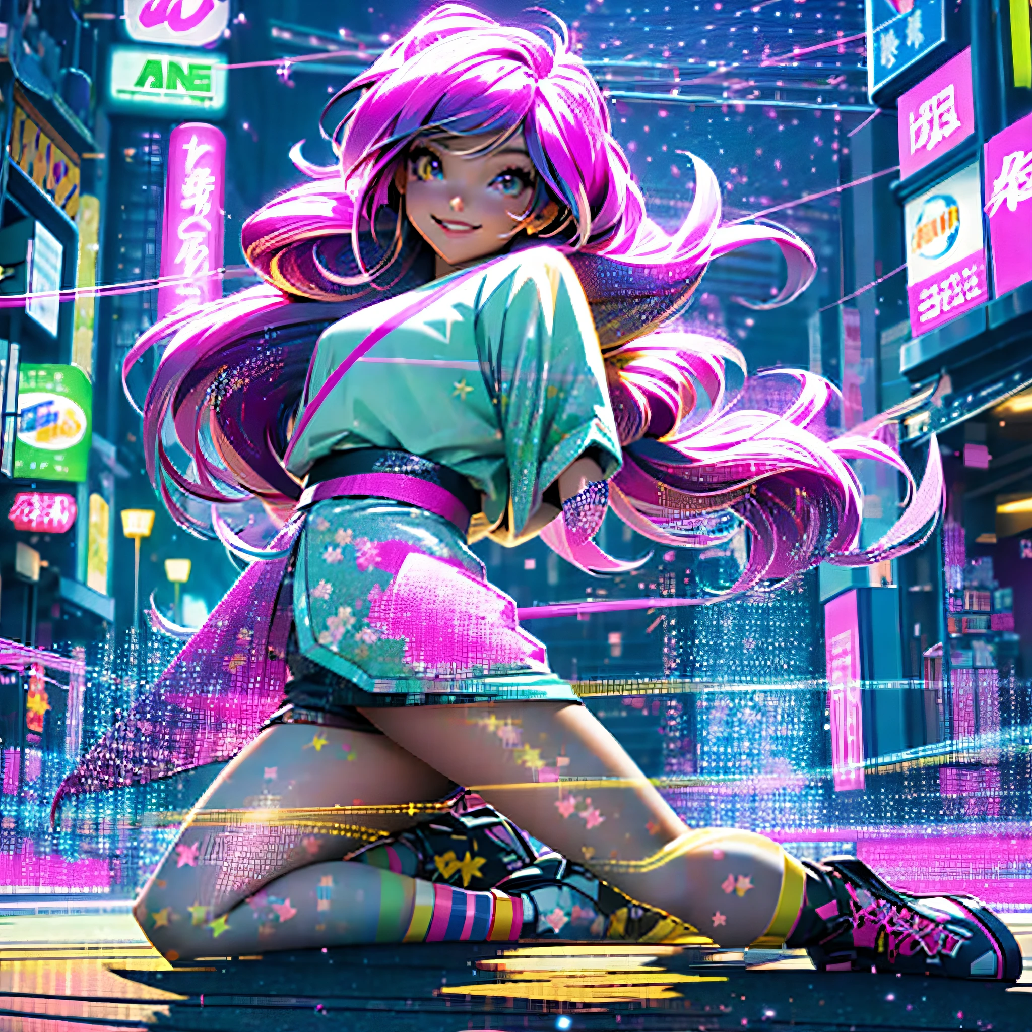 best quality: 1.4), anime, solo, A girl on the street in a Japanese neo city, pink violet hair, open jacket, white printed shirt, neon lighting, smiling, extremely long hair, gradient golden eyes, multicolored skirt, pantyhose only on one leg, sneakers with untied shoelaces, light beams of various colors, flower pots hd